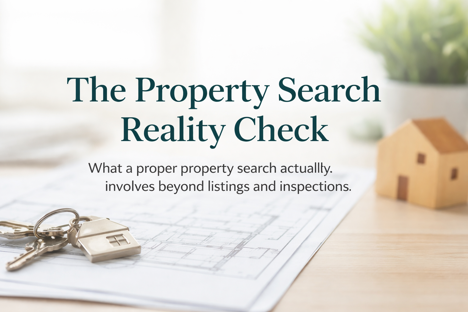 Title slide for a presentation about property search reality check, featuring a small house model, keys, and blueprint on a desk, with a blurred background of a plant and bright windows.