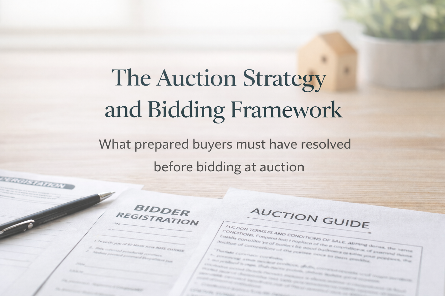 Cover page for a guide titled 'The Auction Strategy and Bidding Framework,' with documents related to bidding registration and auction rules, along with a pen on a wooden desk, and a small house model in the background.