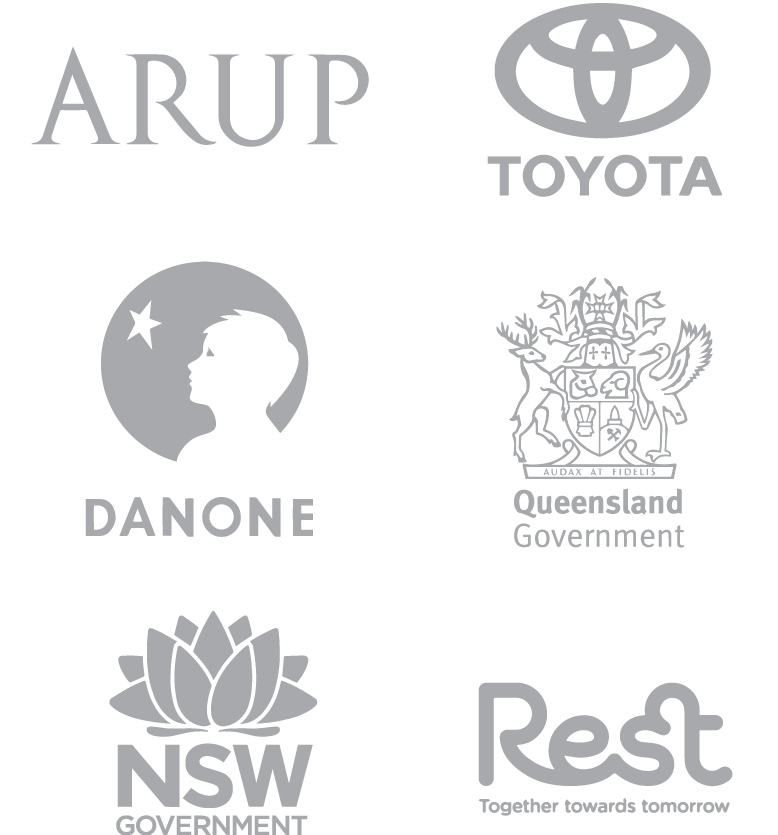 Collection of logos for various organizations, including Arup, Toyota, Danone, Queensland Government, NSW Government, and Rest, arranged on a black background.