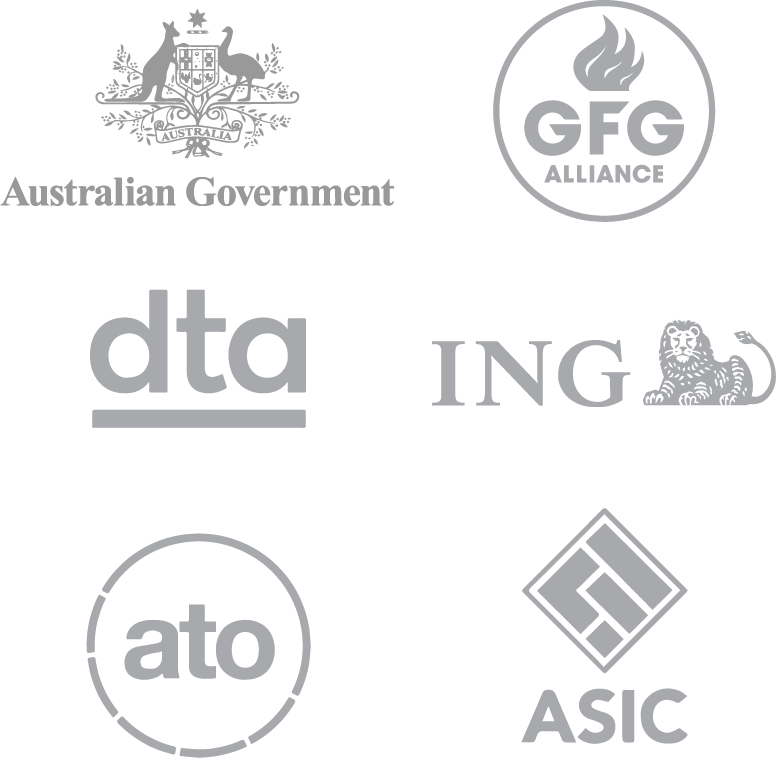 A collection of logos including the Australian Government crest, GFG Alliance, DTA, ING, a tiger, ATO, a geometric design, and ASIC.