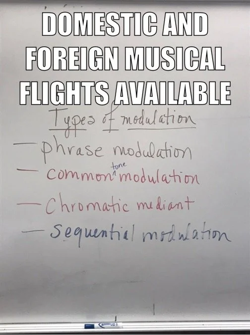Whiteboard with title 'Domestic and Foreign Musical Flights Available' and handwritten notes on types of modulation, including phrase, common, chromatic mediant, and sequential modulation.