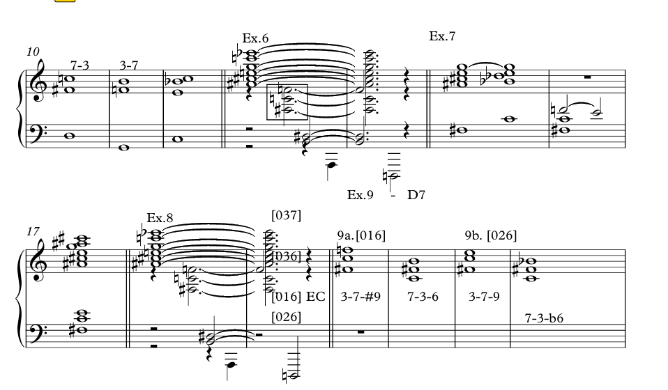 Sheet music with musical notation, including chords, notes, and annotations for piano.
