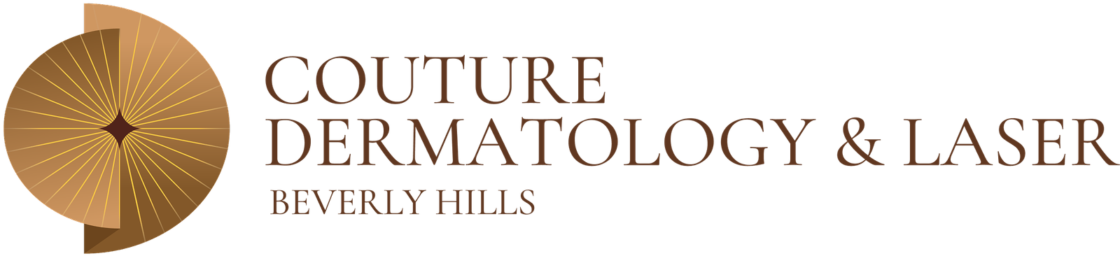 Logo for Couture Dermatology & Laser Beverly Hills, featuring a gold circular design with radiating lines and a small diamond shape in the center.