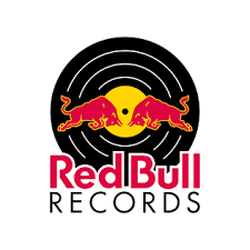 Red Bull Records logo featuring two red bulls facing each other with a yellow sun and black vinyl record background.