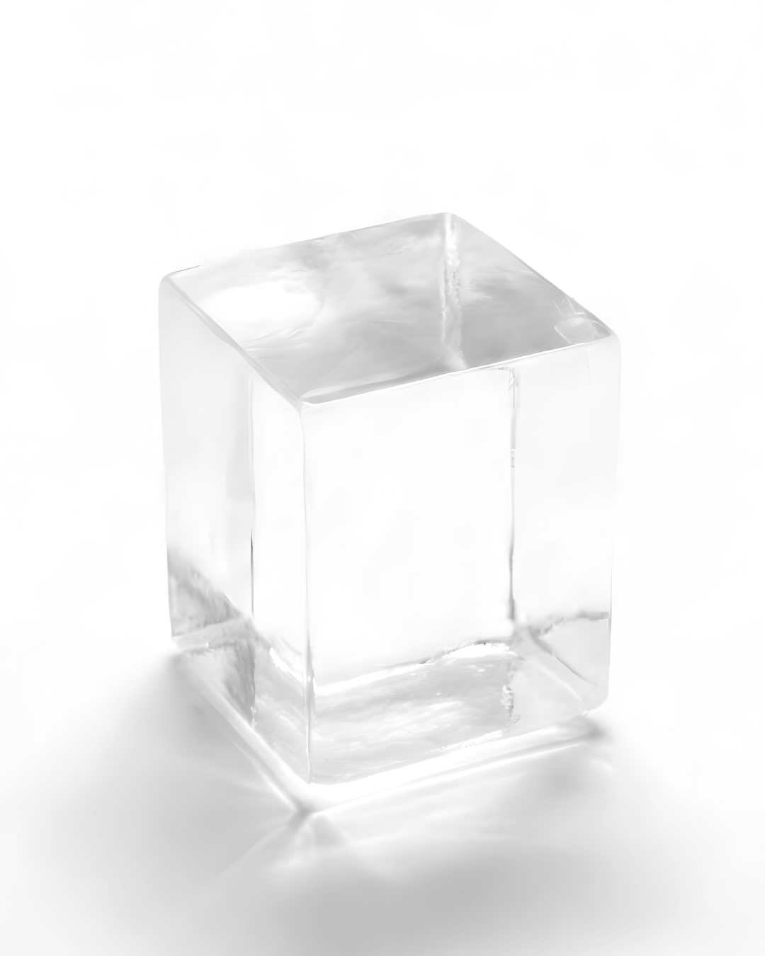 A clear ice cube on a white background.