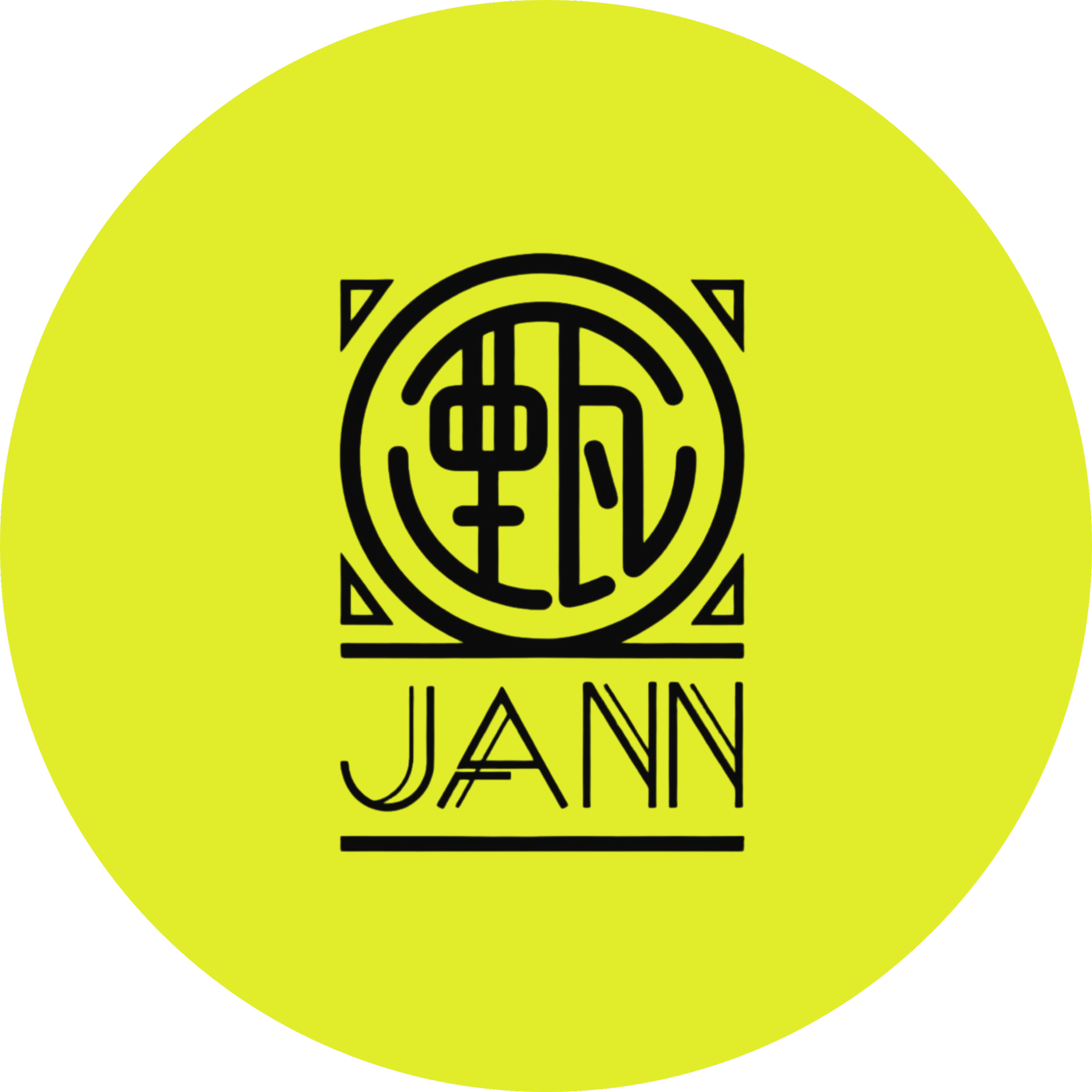 Yellow circular design with black geometric shapes, symbols, and the word 'JANN' at the bottom.