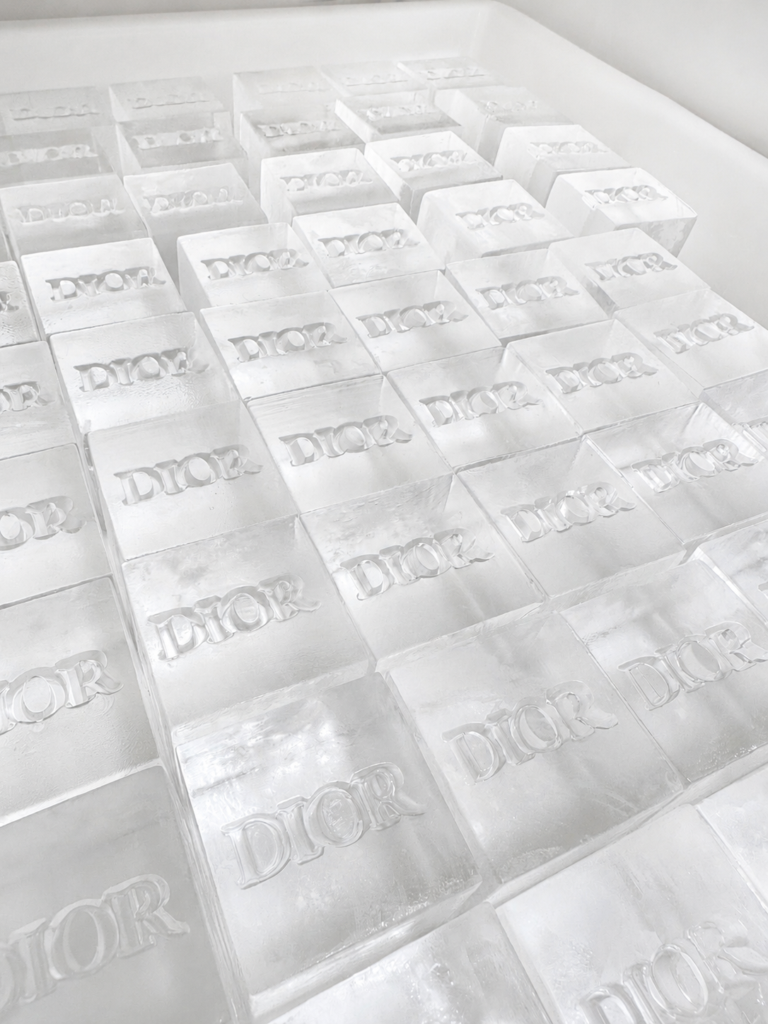 A tray of clear ice stamped with DIOR logo