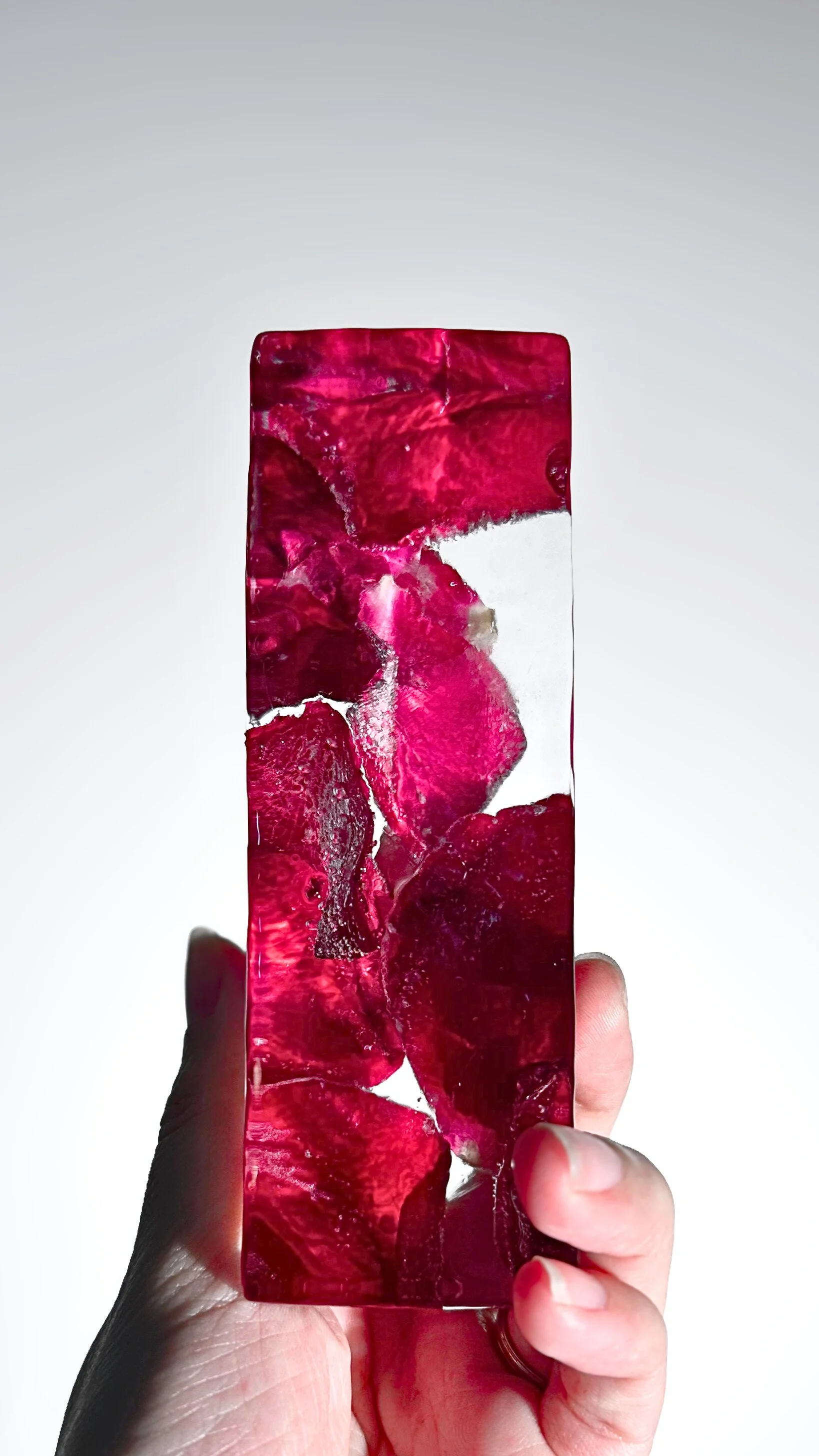 A hand holding a rectangular, translucent, red-colored object with embedded petal-like structures inside.