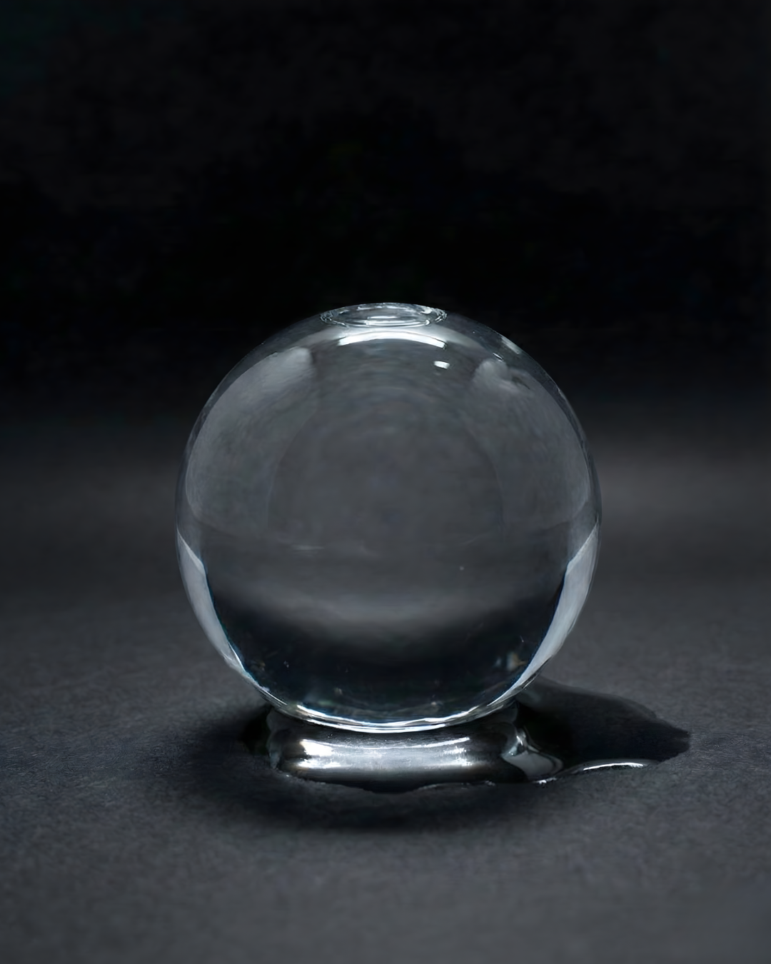 A clear glass marble with a reflective surface, resting on a dark surface with a black background.