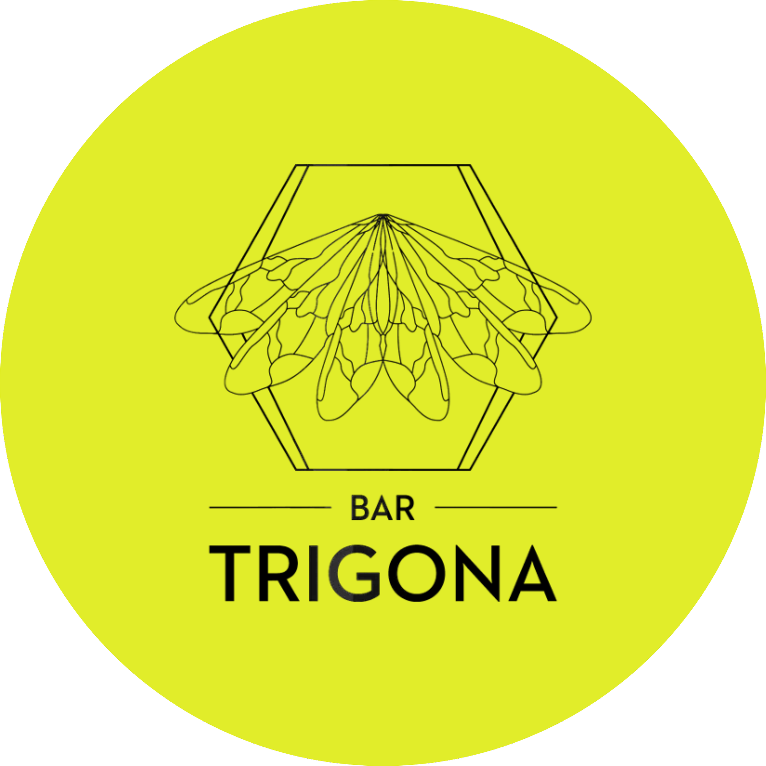 Yellow circular logo for Bar Trigona featuring a line drawing of a bee inside a hexagon with the words 'BAR TRIGONA' and 'BAR' underneath.