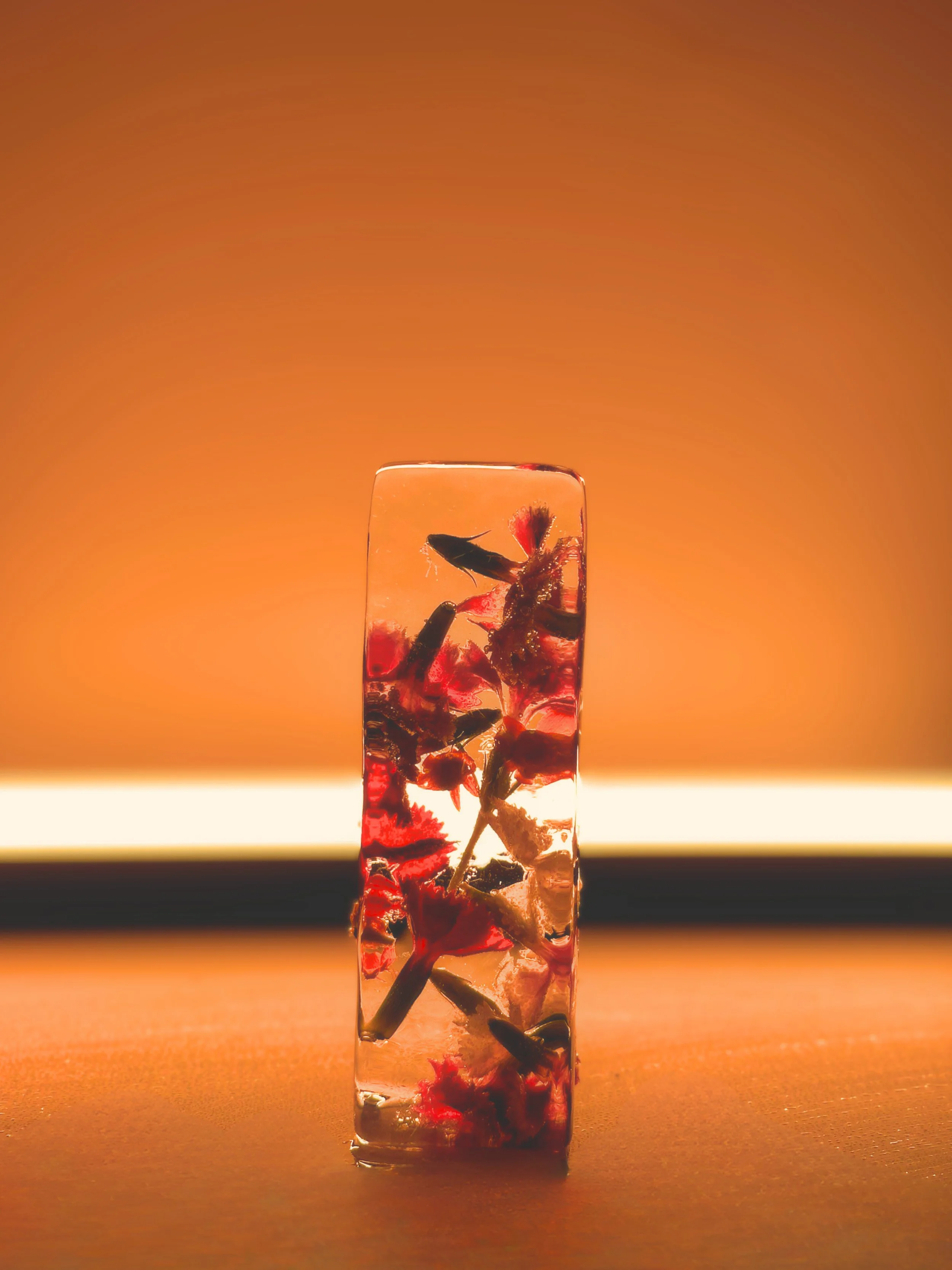 A close-up of a rectangular resin art piece with embedded dried flowers and leaves, standing upright on a surface with a glowing orange background.