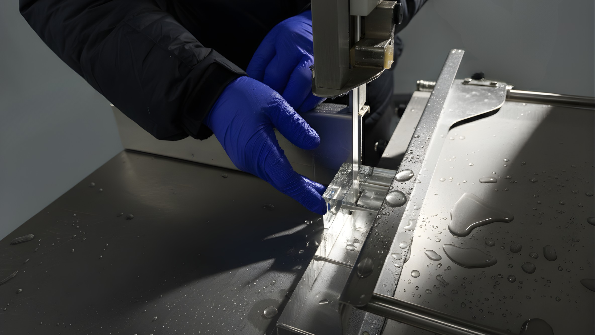 Person wearing black gloves operating a precision machinery or scientific instrument on a metal surface with water droplets.