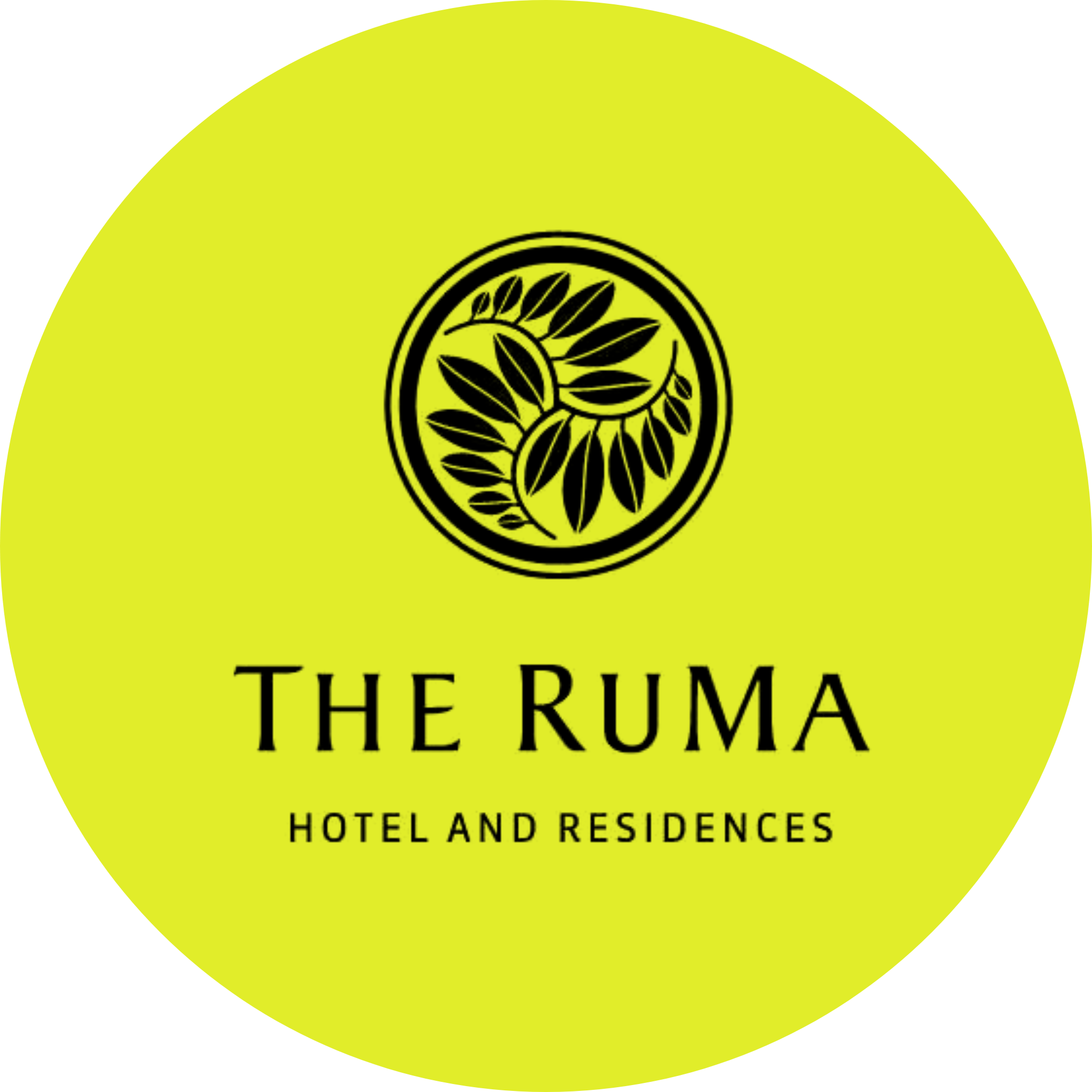 Logo of The Ruma Hotel and Residences, featuring a black circular emblem with olive branches and leaves on a yellow background.