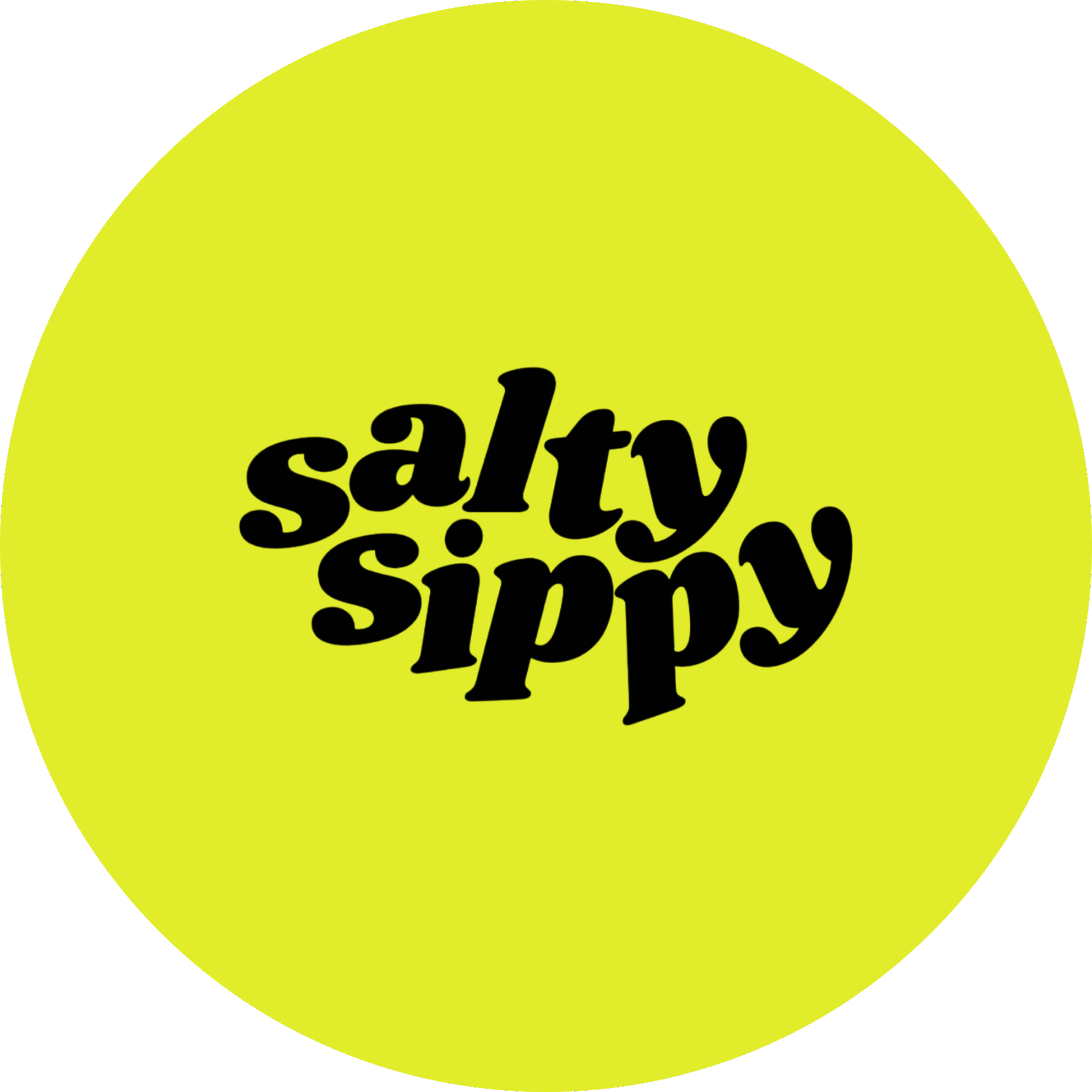 Bright yellow circle with the words 'salty sippy' in large, bold black letters.