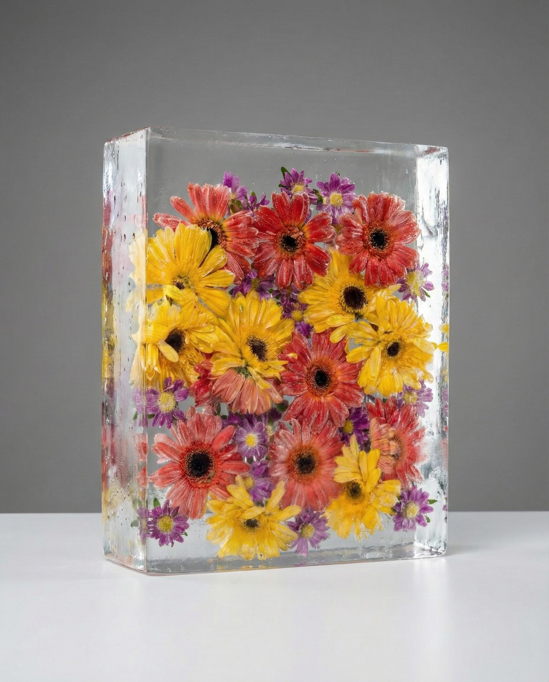 A clear square glass container filled with colorful daisies and small purple flowers.