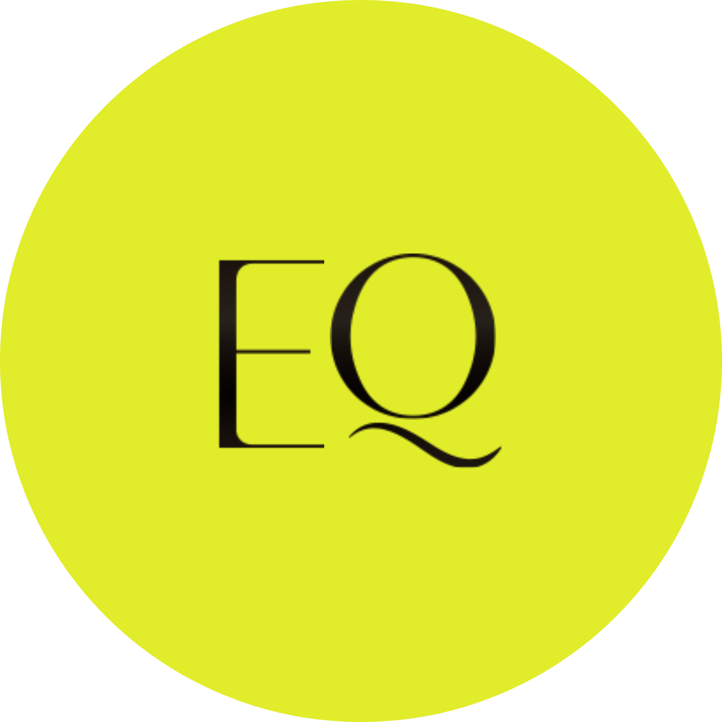 A yellow circular background with black text displaying the letters 'E' and 'Q', with the 'Q' featuring a stylized tail underneath.
