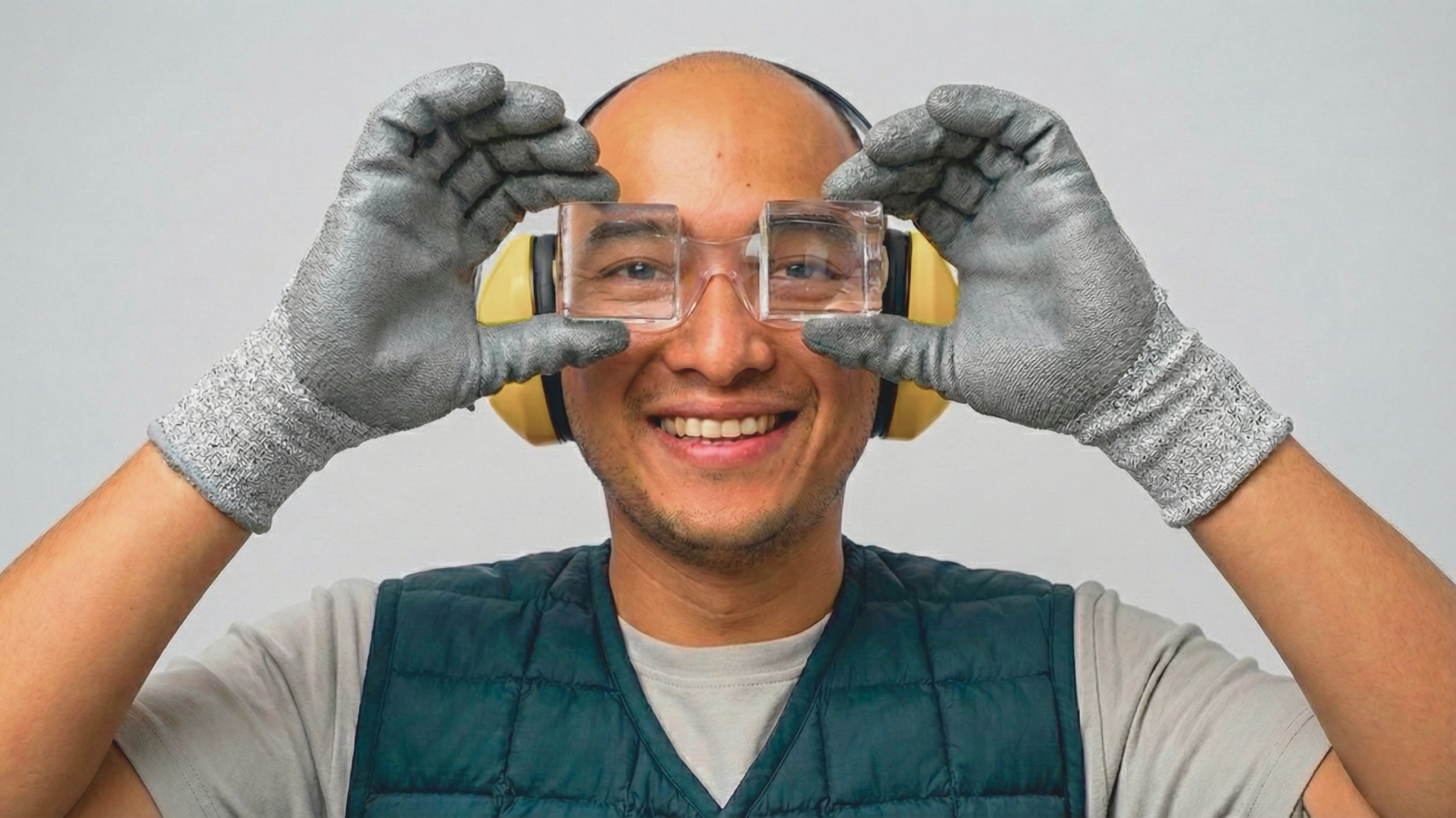 A smiling man wearing safety goggles, yellow headphones, gray gloves, a light gray t-shirt, and a dark vest, raising his glasses with both hands.