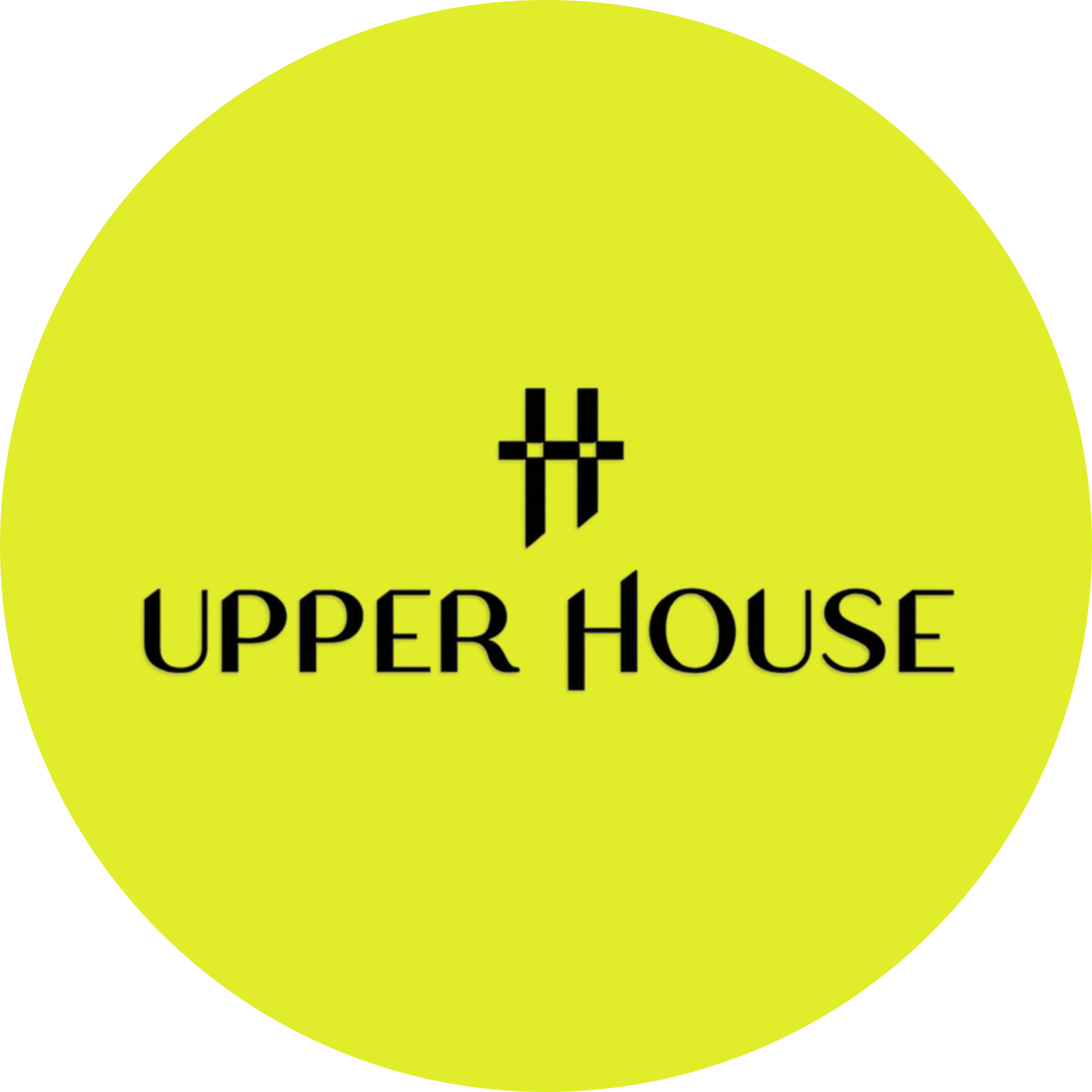 Yellow circular logo with black logo and text, reading 'UPPER HOUSE'.