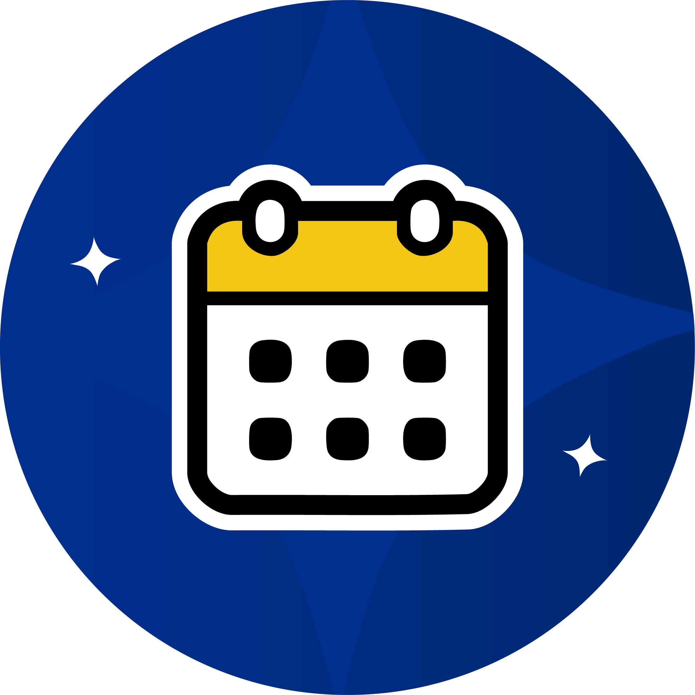 Icon of a calendar with a yellow top and six black dots representing dates, set against a blue background with star-like sparkles.