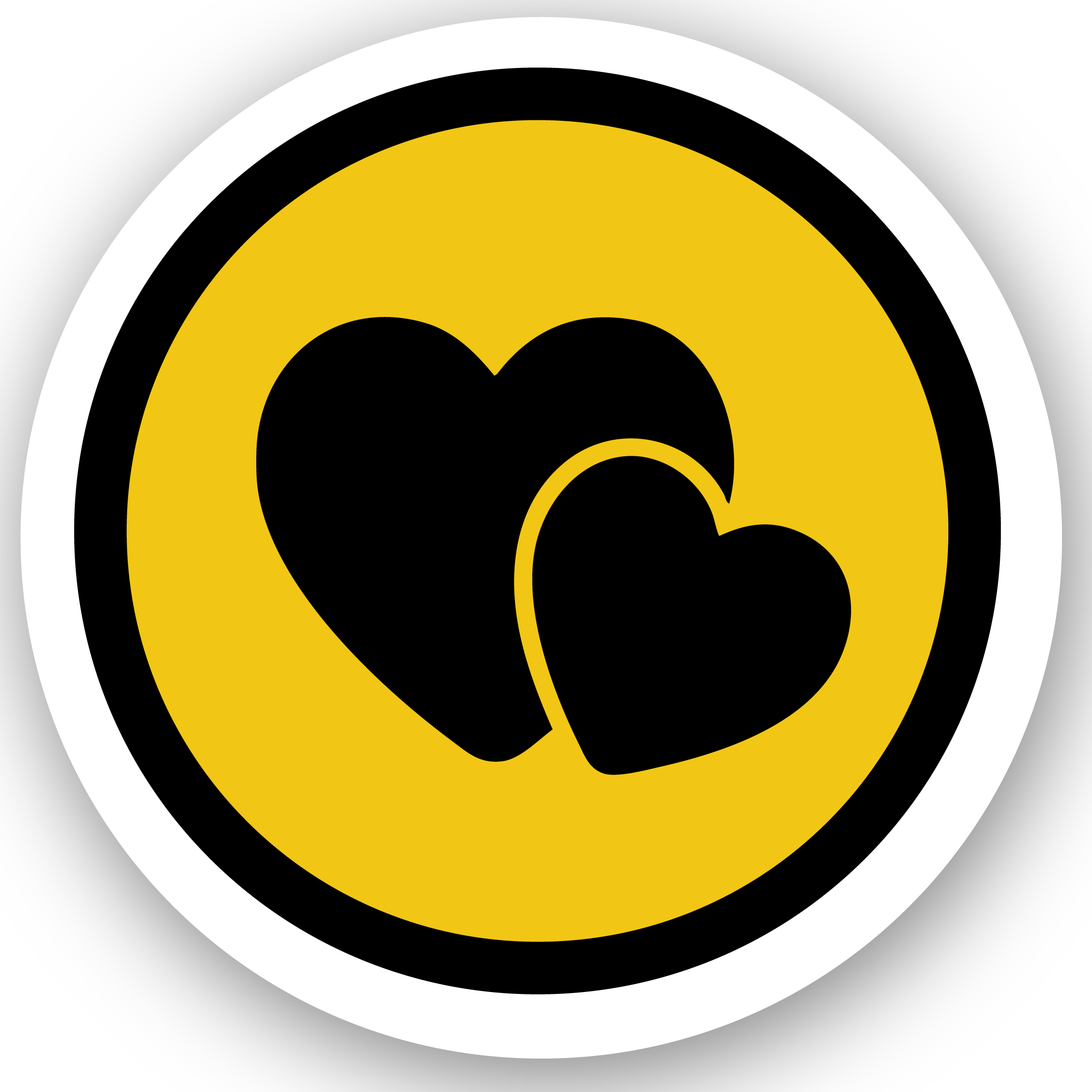 Two black hearts overlapping inside a yellow circle with a white border on a black background.