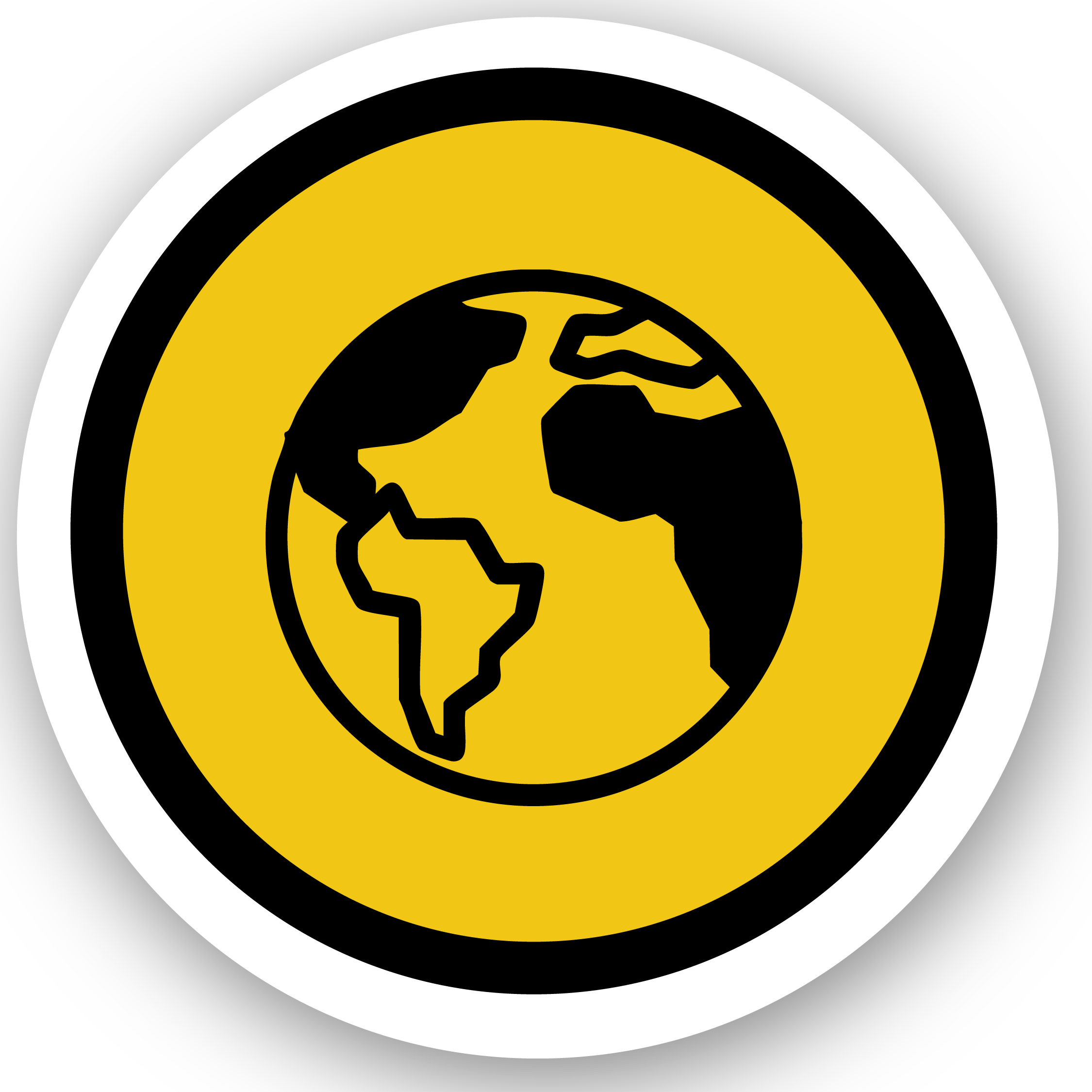 Icon of the Earth with a yellow background and black continents, surrounded by black and white concentric circles.