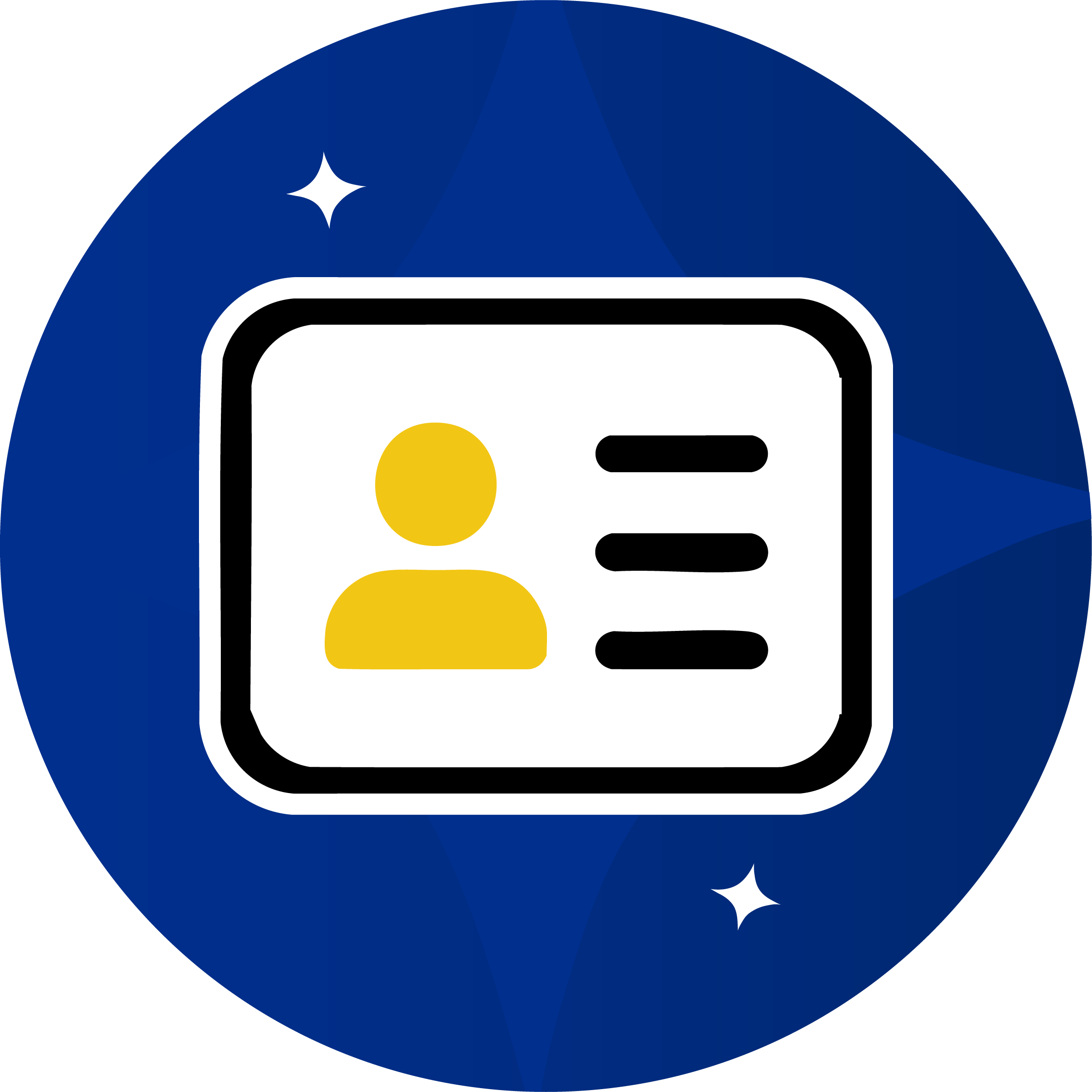 Icon of a digital identification card with a yellow user silhouette and three black lines representing text, on a blue, starry background.