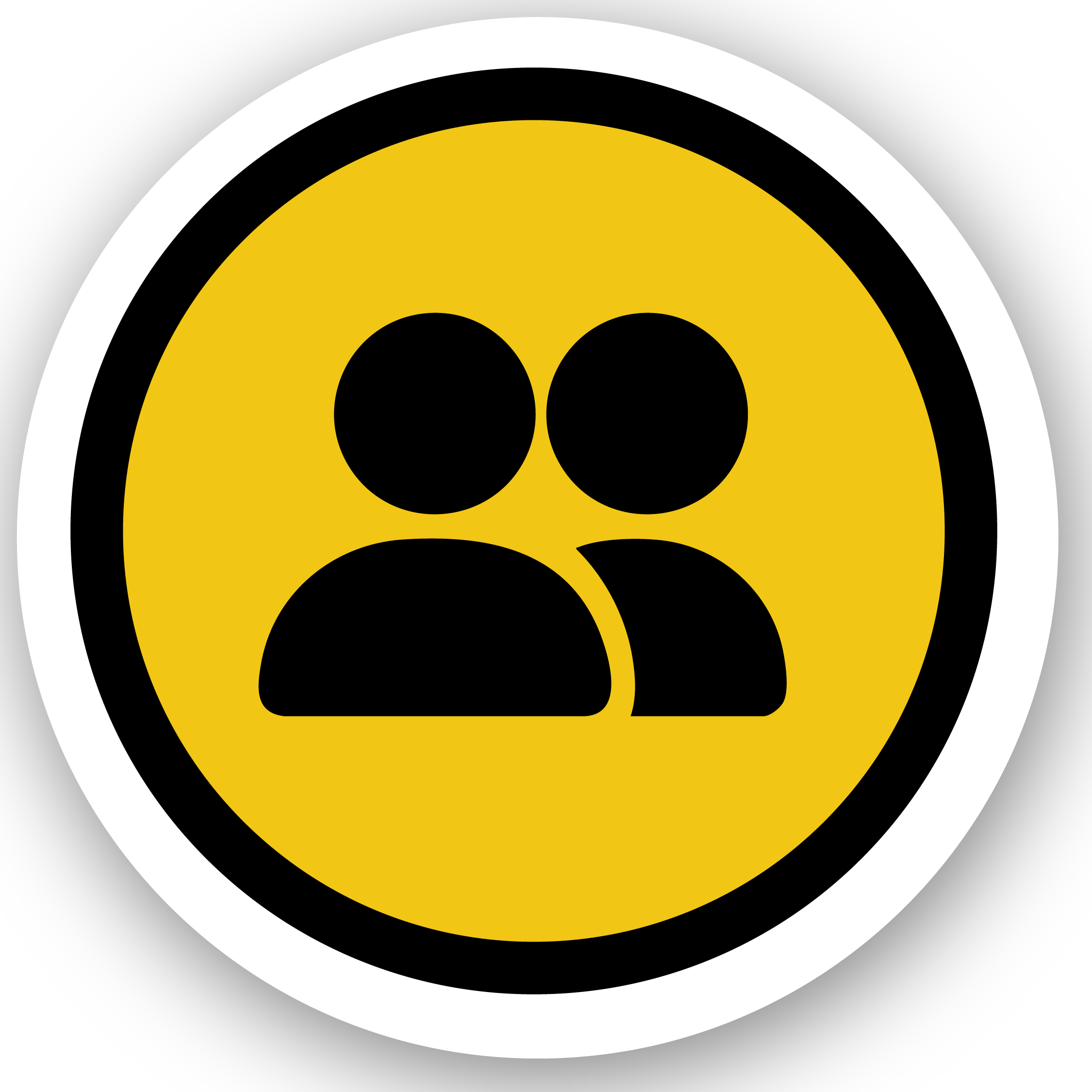 Icon of two black silhouettes of people on a yellow background, surrounded by a black and white circular border.