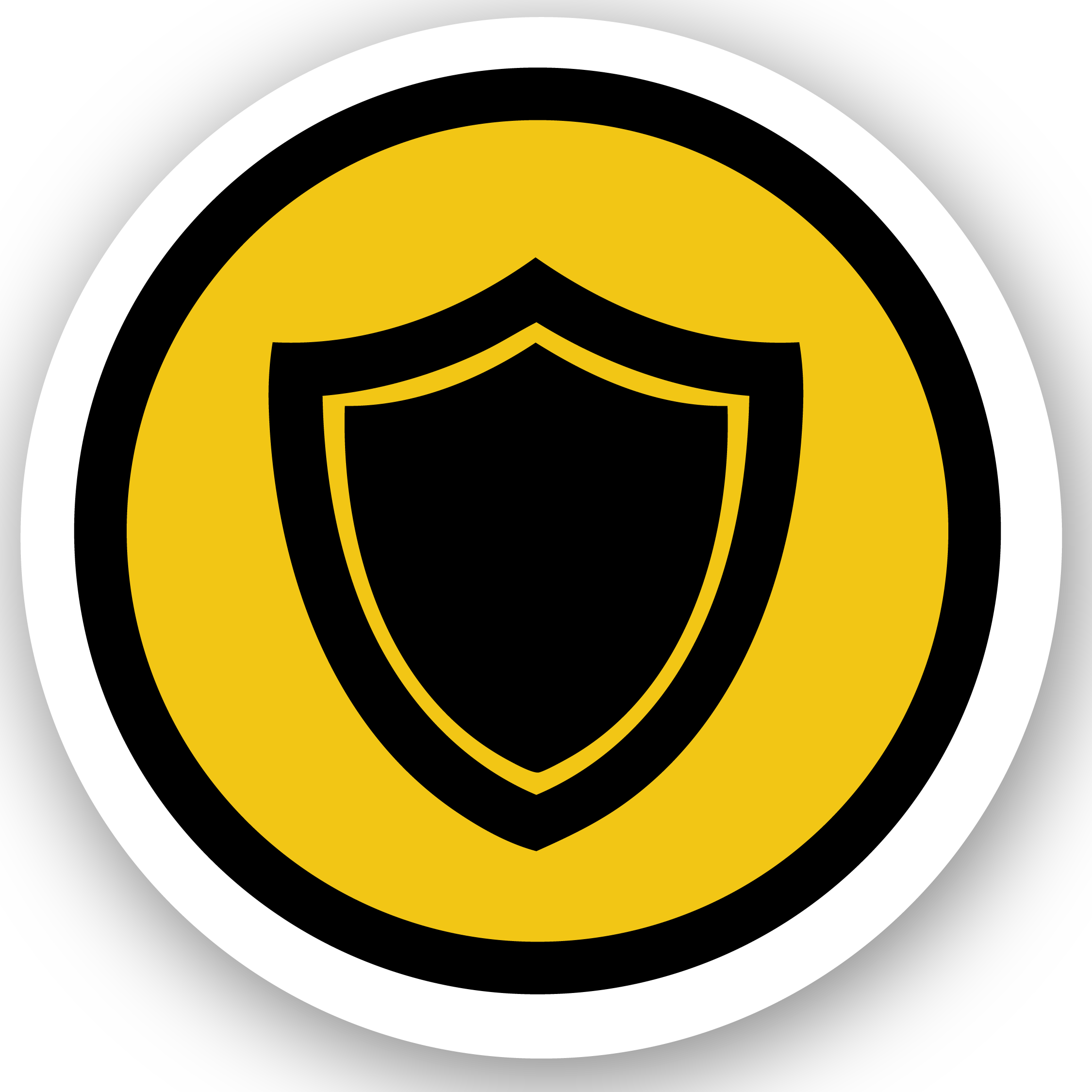 Icon of a shield in black and yellow surrounded by a white circle, representing protection or security.