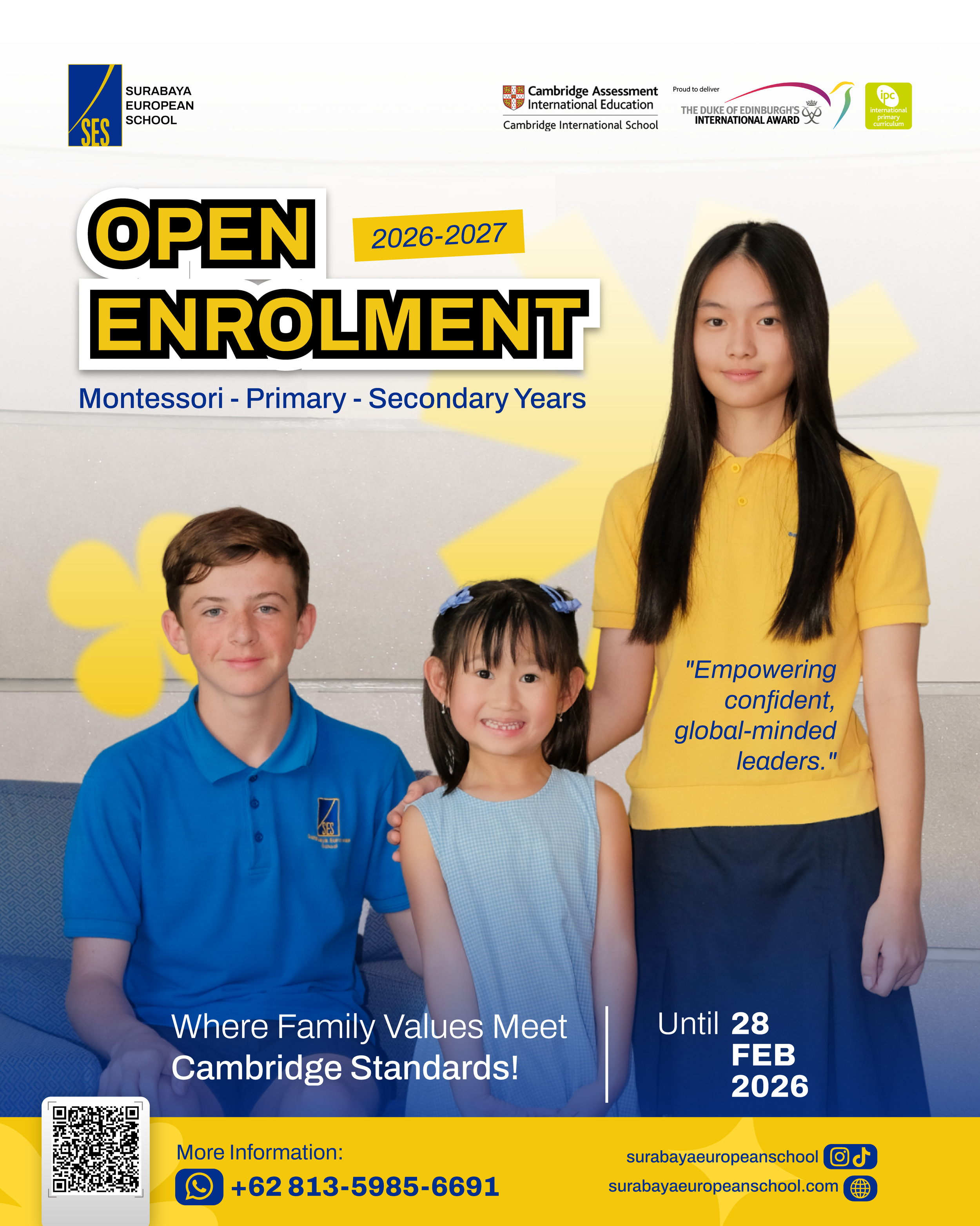 Poster advertising open enrollment for Surabaya European School for the 2026-2027 academic year, featuring three students in school uniforms with logos, and including contact information and social media icons.