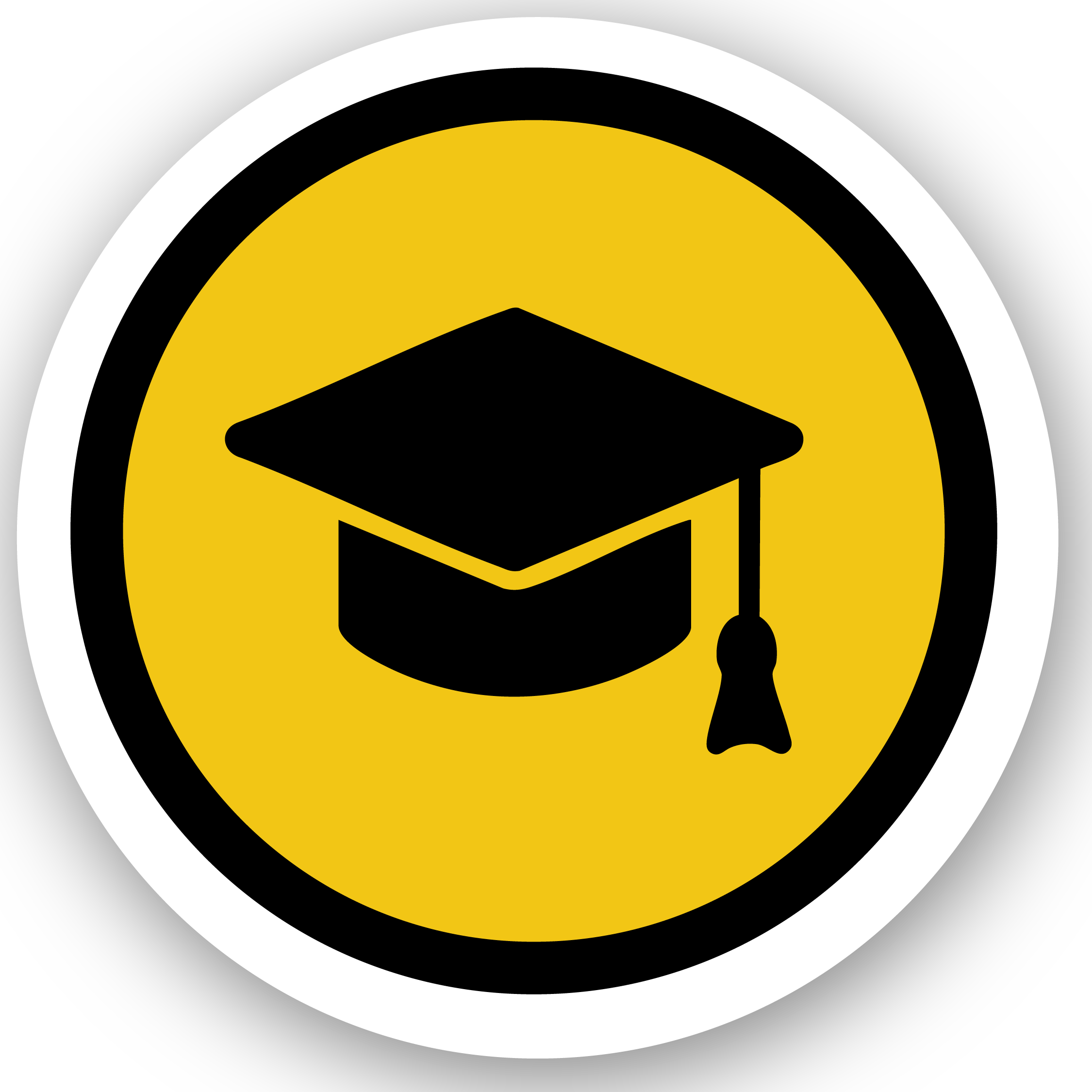 Icon of a graduation cap in black on a yellow circle background with black and white outer rings.
