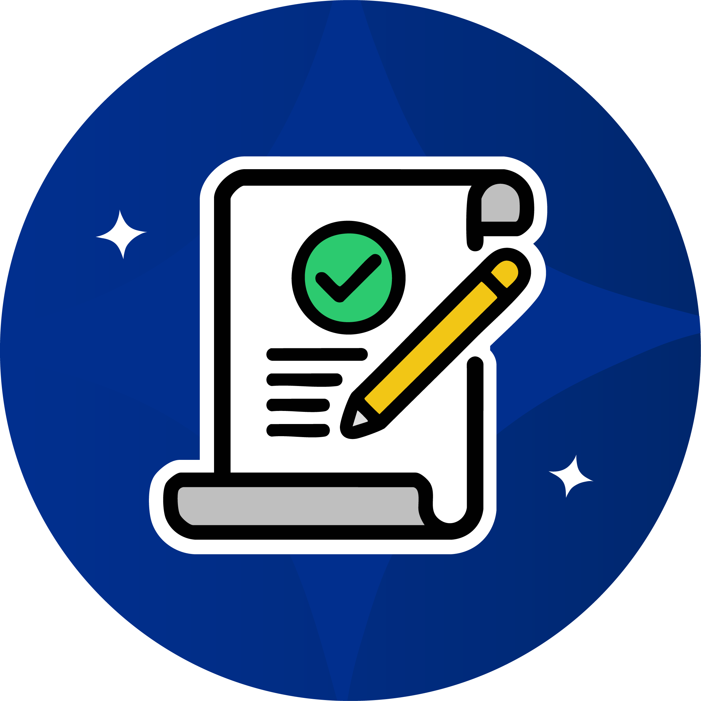 An illustration of a completed checklist form with a green checkmark, a yellow pencil, and some lines of text, set against a blue circular background with star-like sparkles.
