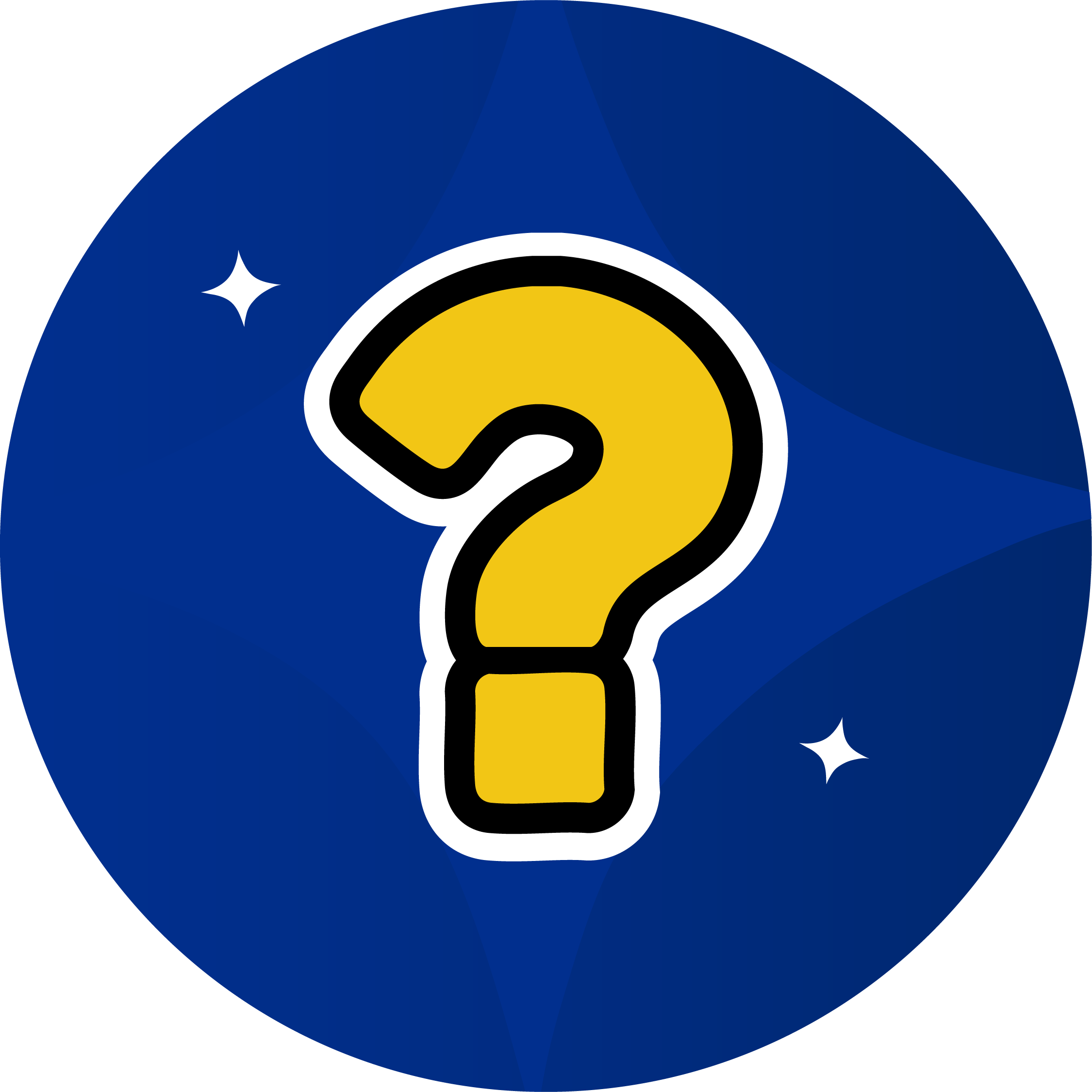 A yellow question mark inside a white-outlined black border on a blue circular background with small white stars.