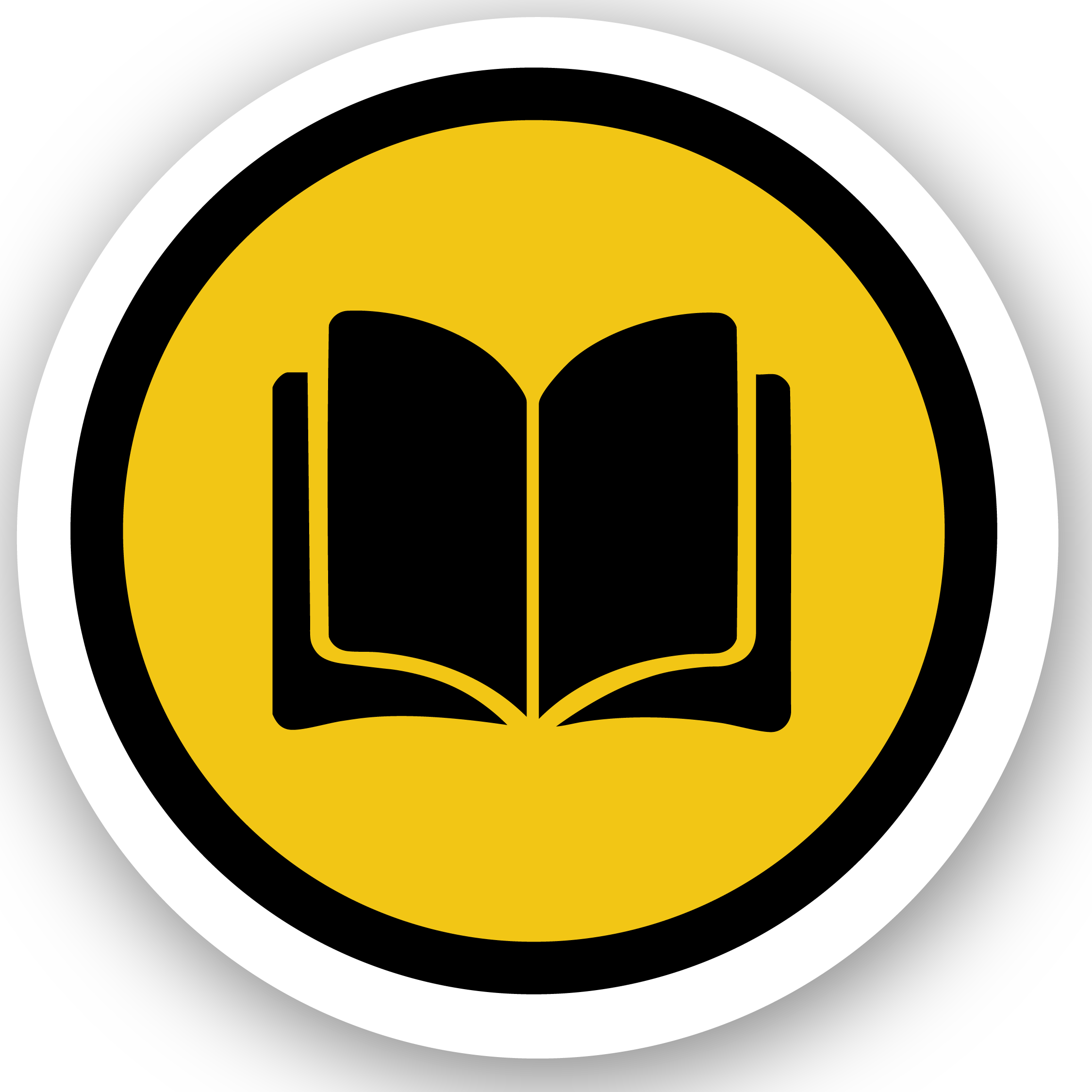 Icon of an open book inside a yellow circle with a black background and a white outline