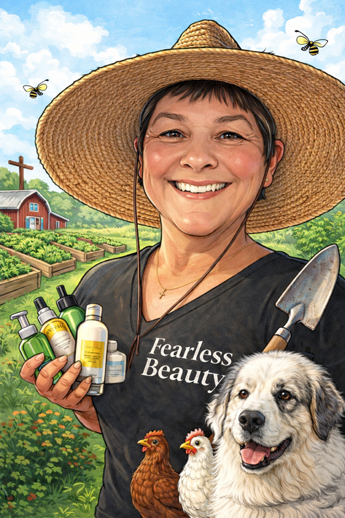 Smiling woman wearing a large straw hat and black t-shirt with "Fearless Beauty" written on it, holding gardening products and a small shovel, with a dog and chickens in front of her, and a farm with raised garden beds in the background.