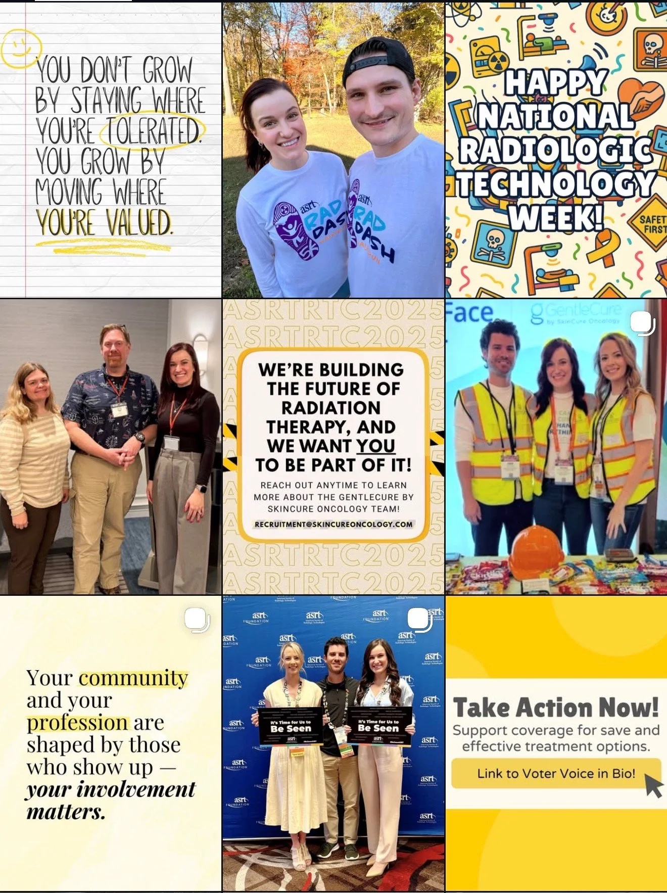 A collage of nine images and graphics celebrating National Radiologic Technology Week. Features people at events, slogans about community, professionalism, and involvement, and a motivational quote about growth and value.
