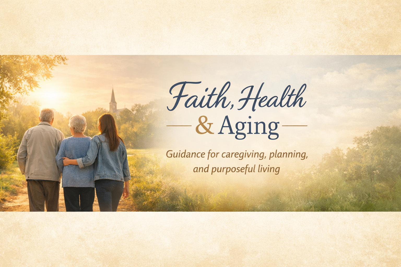 A group of three elderly people walking together through a scenic outdoor area during sunset, with trees and a church steeple in the background, alongside text about faith, health, and aging.
