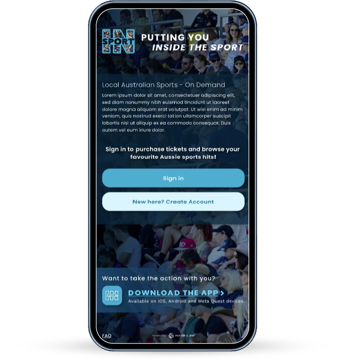 Mobile app screen for Sports TV featuring Australian sports, with options to sign in, create an account, and download the app, with a background image of spectators at a sports event.
