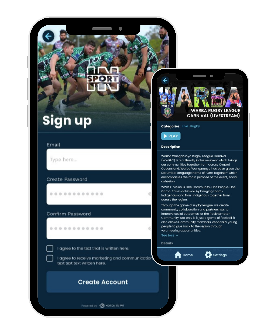 Mobile screens displaying a rugby league event app and a sign-up form, featuring images of rugby players and event information.