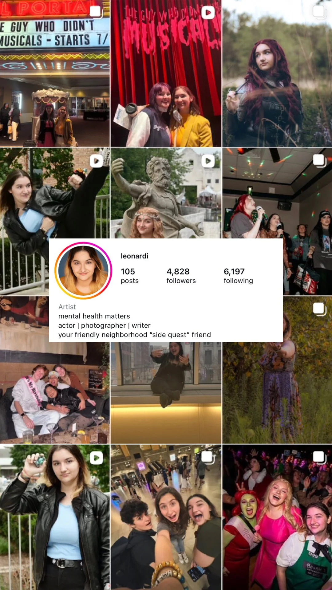 Personal/Main Acting Instagram profile page for Grace Leonardi.