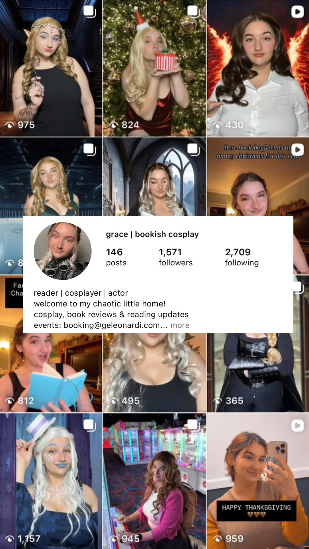 Cosplay-focused Instagram profile page of Grace Leonardi.