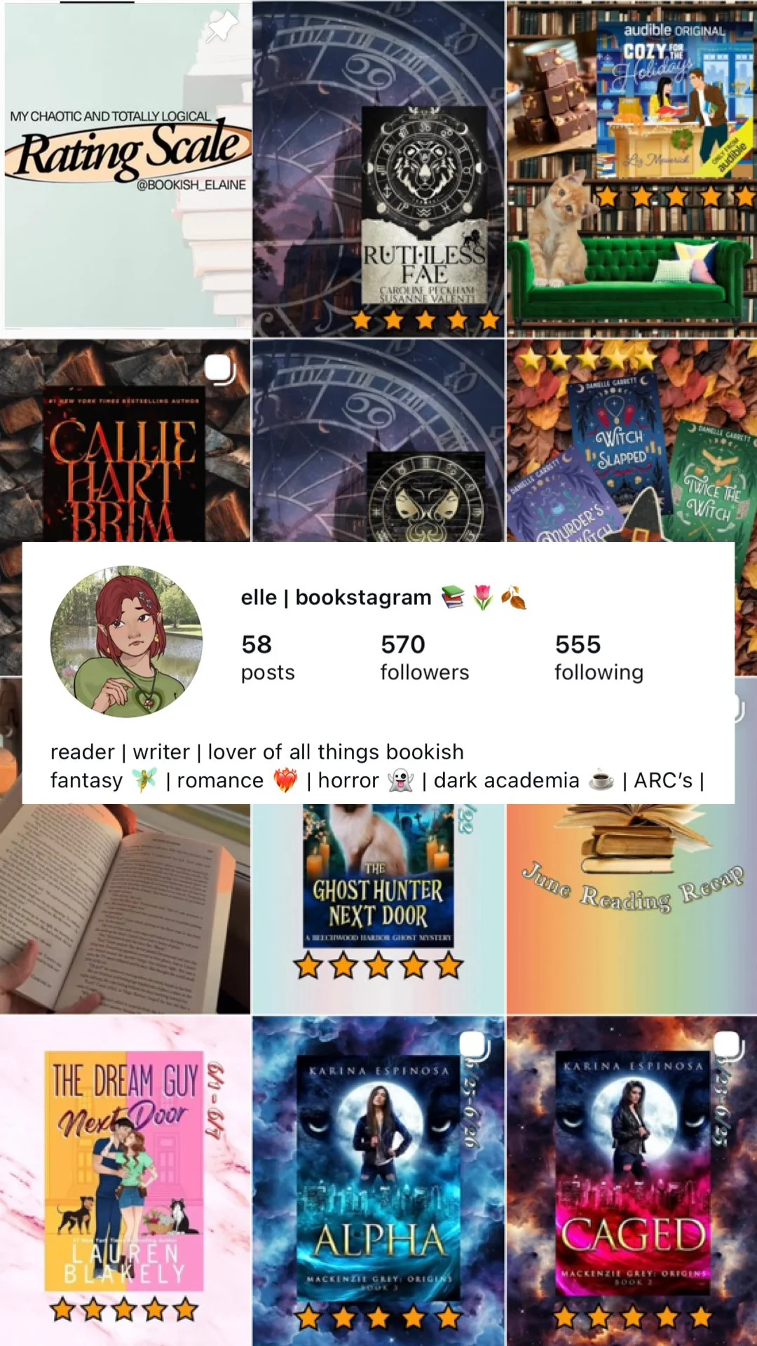 Grace's book-themed Instagram profile page, including reading tracker and book reviews.