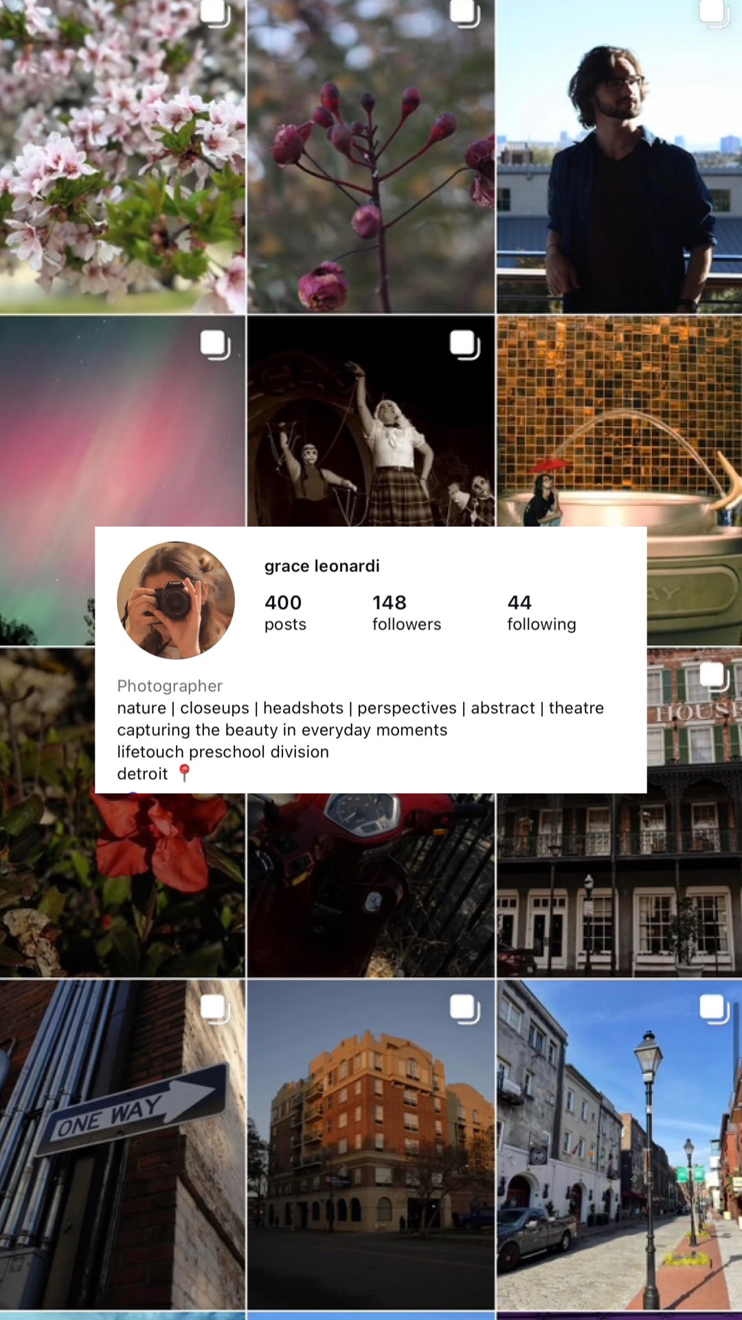 Photography-centered Instagram profile page of Grace Leonardi.