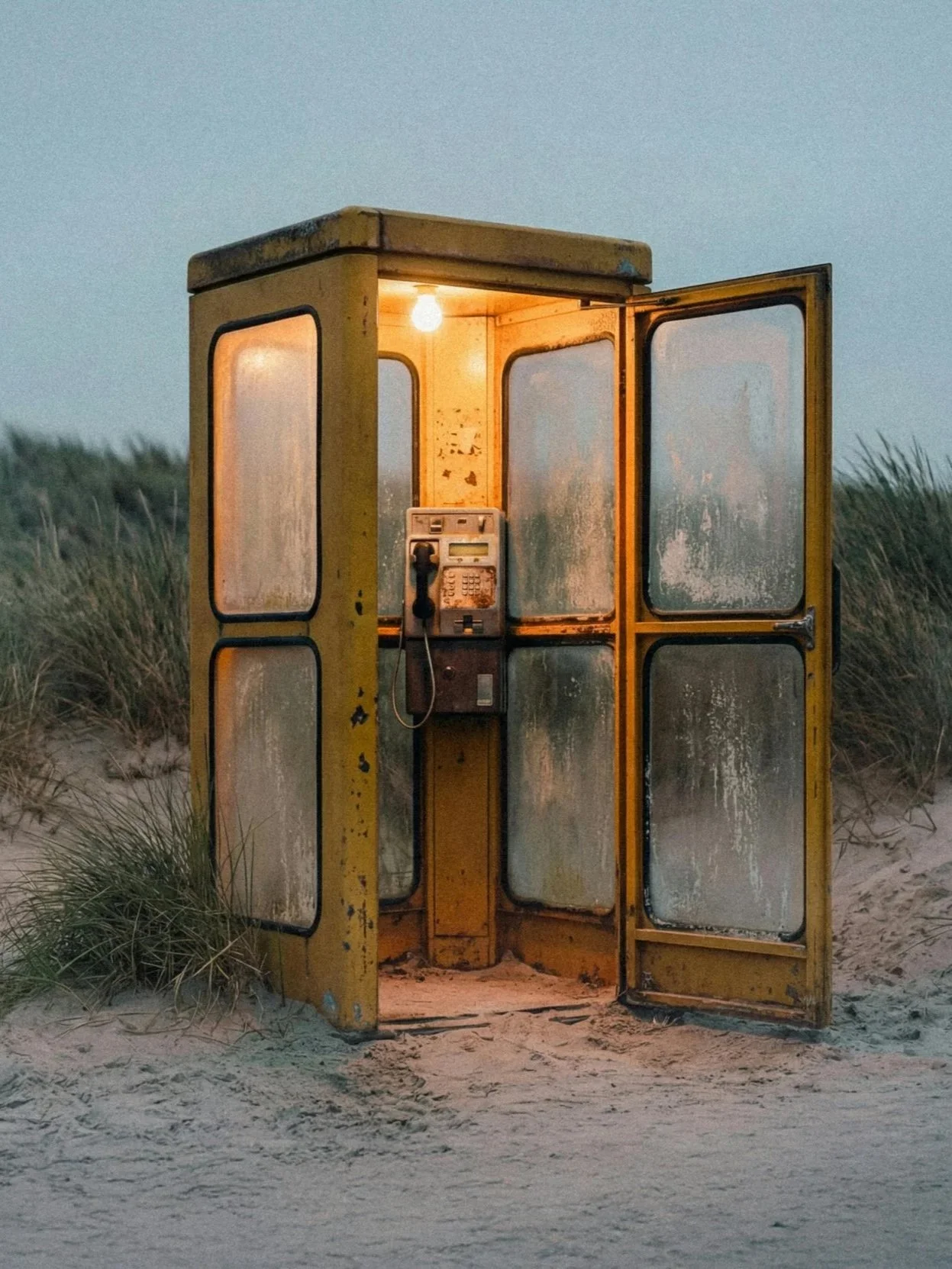 An old, yellow payphone booth on a sandy beach with plants and overcast sky.