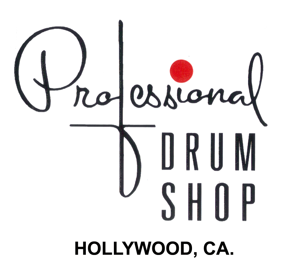 Logo for the Professional Drum Shop in Hollywood, California, featuring black handwritten and printed text with a red dot.