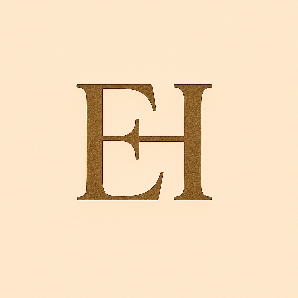 Letter E and letter H overlapping in a stylized brown font on a beige background.