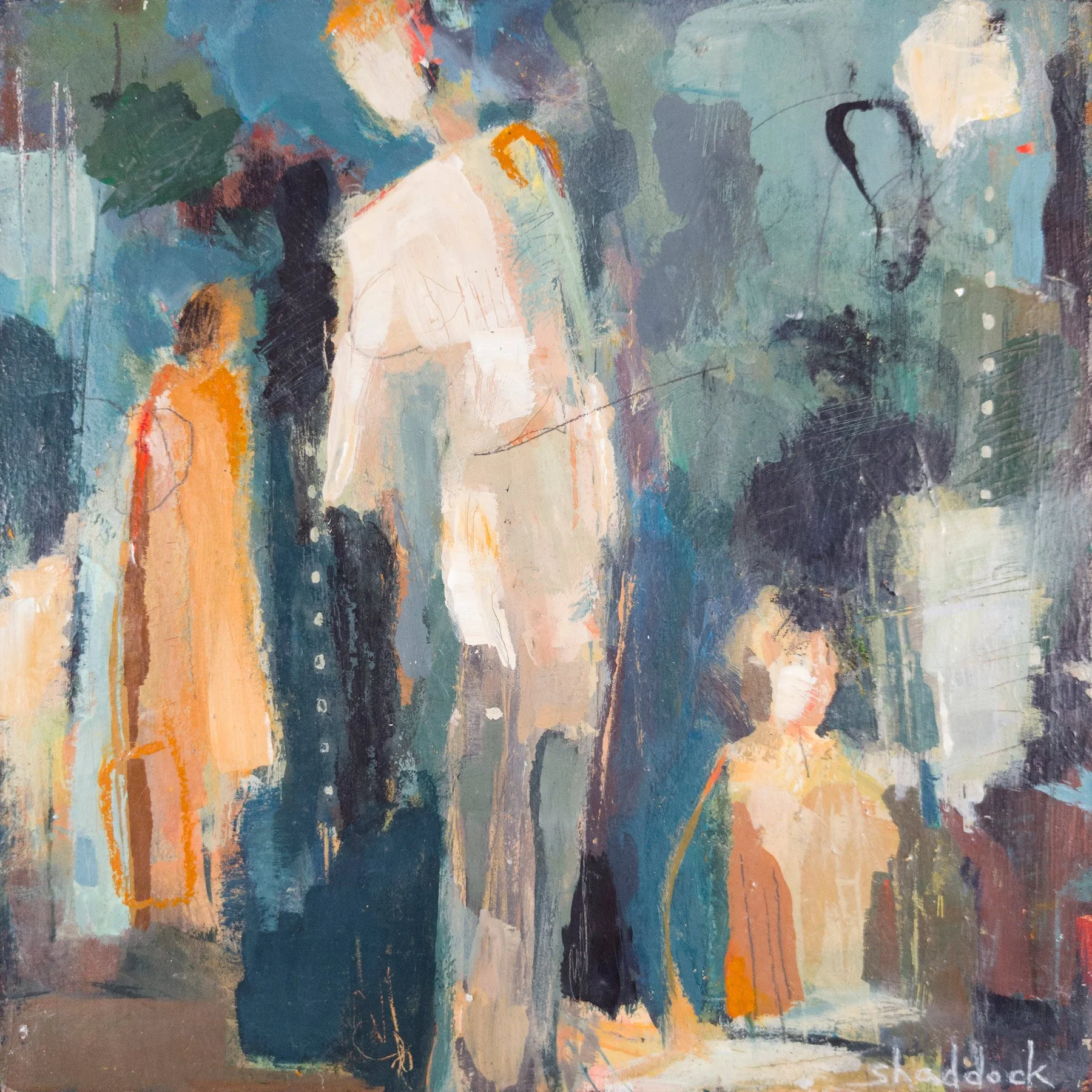 abstract figurative painting with elongated human figures and soft edges in a vertical composition with vibrant oranges and blues