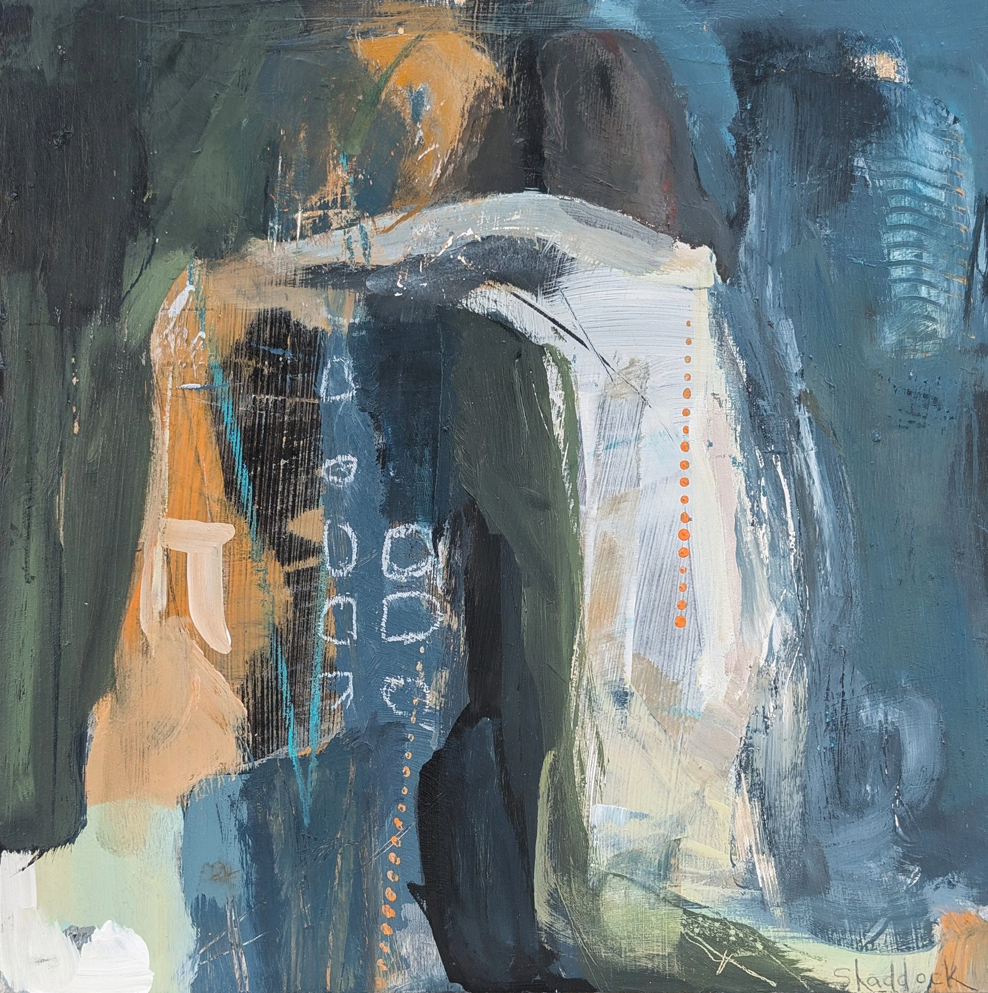Abstract figurative painting with two figures in dark blue and green tones