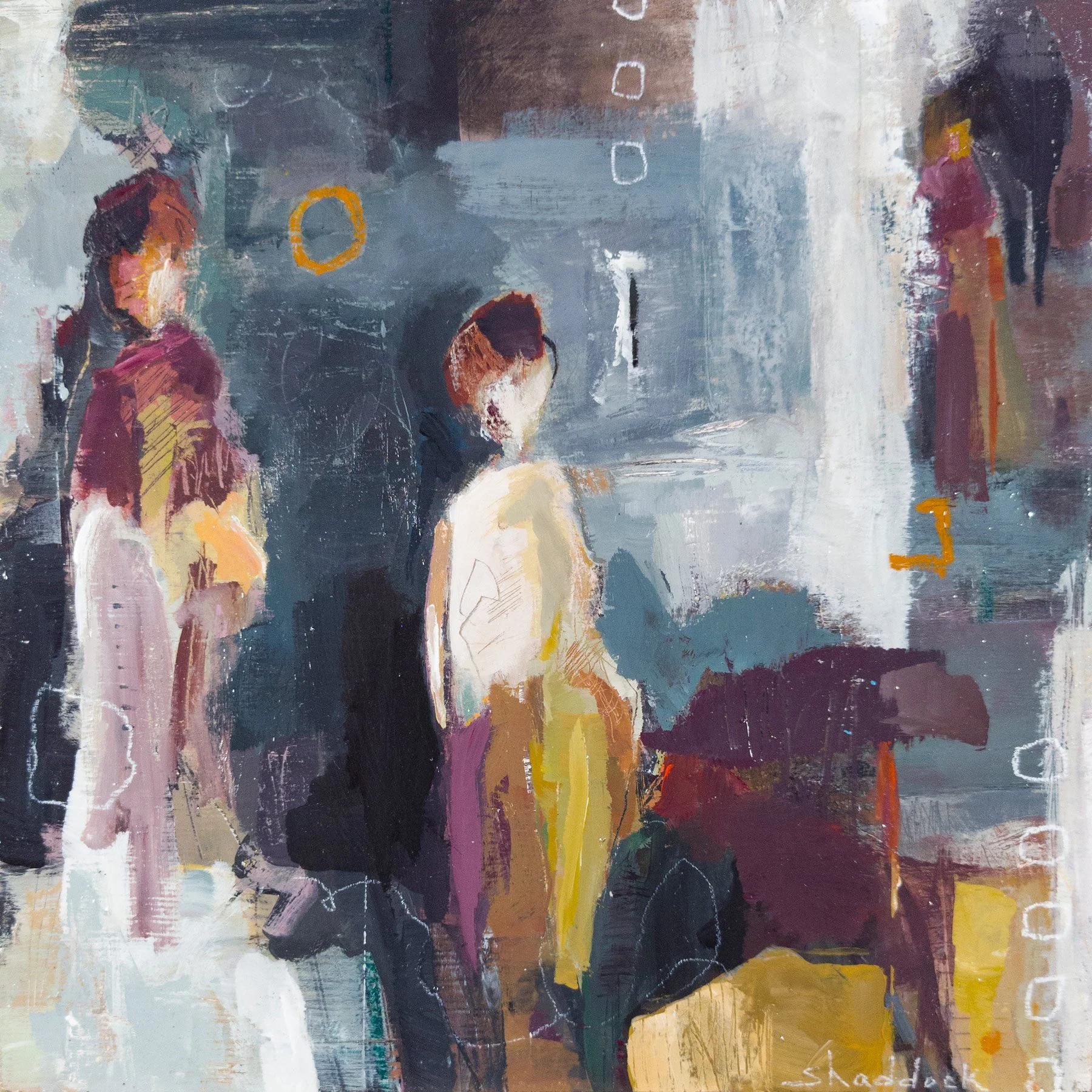 abstract figurative painting of three loosely defined figures in an interior space with layered brushwork and muted blue, ochre, and plum tones