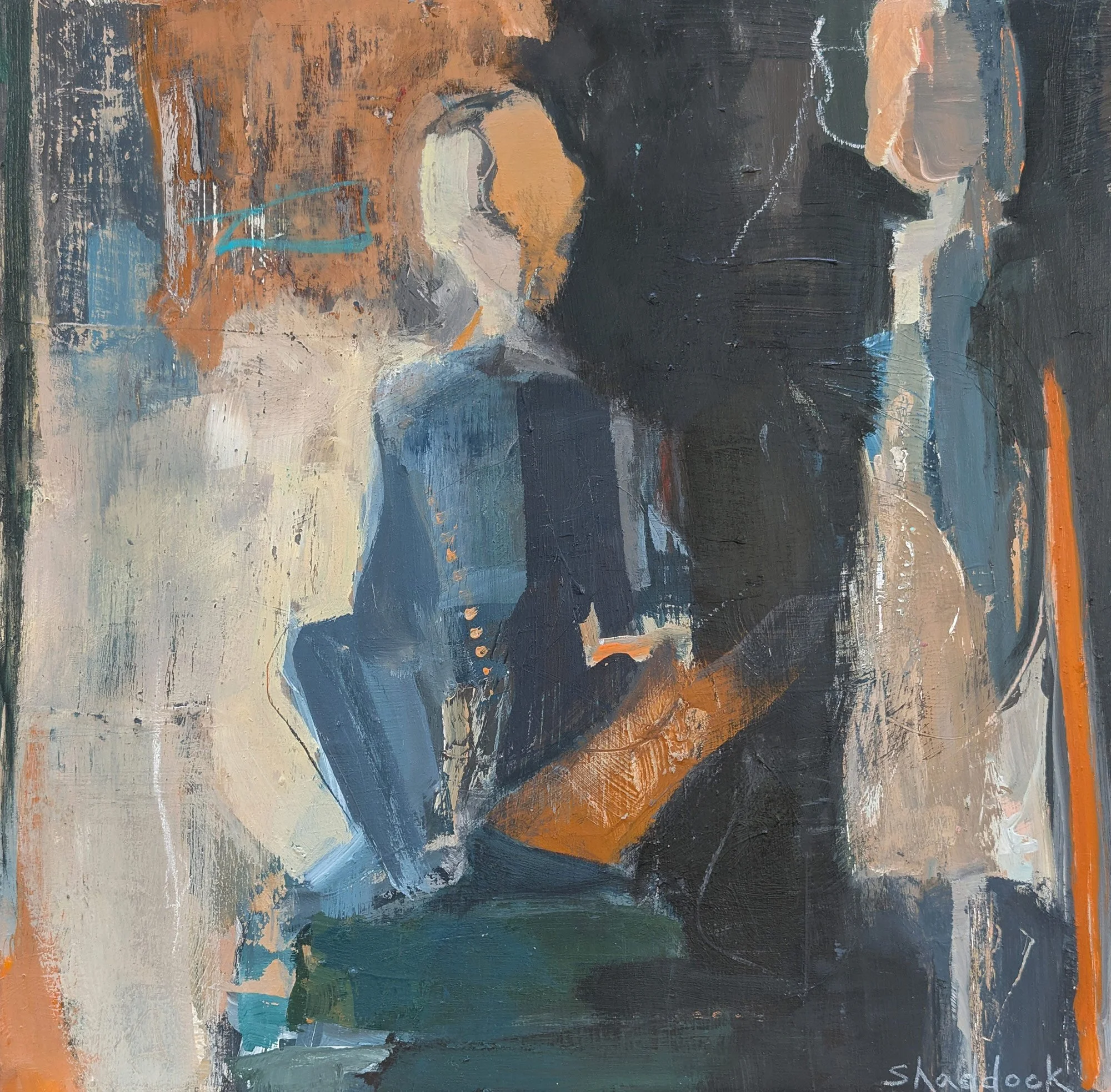 Abstract figurative painting with two figures in dark blue and orange tones