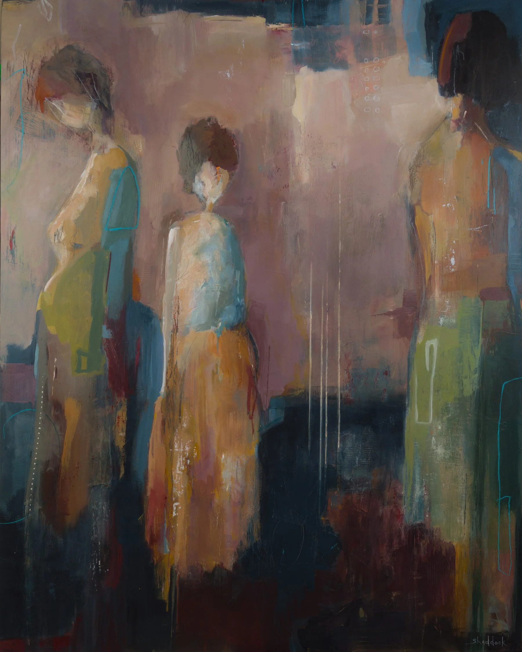 abstract figurative painting of three standing ethereal figures in warm pastels